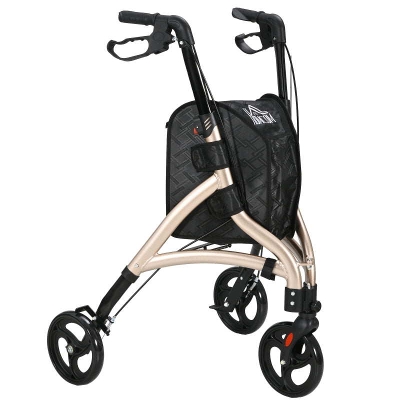 3 Wheel Rollator, Lightweight Aluminium Tri Walker with Adjustable Handle, Storage Bag, Dual Brakes, Gold Tone