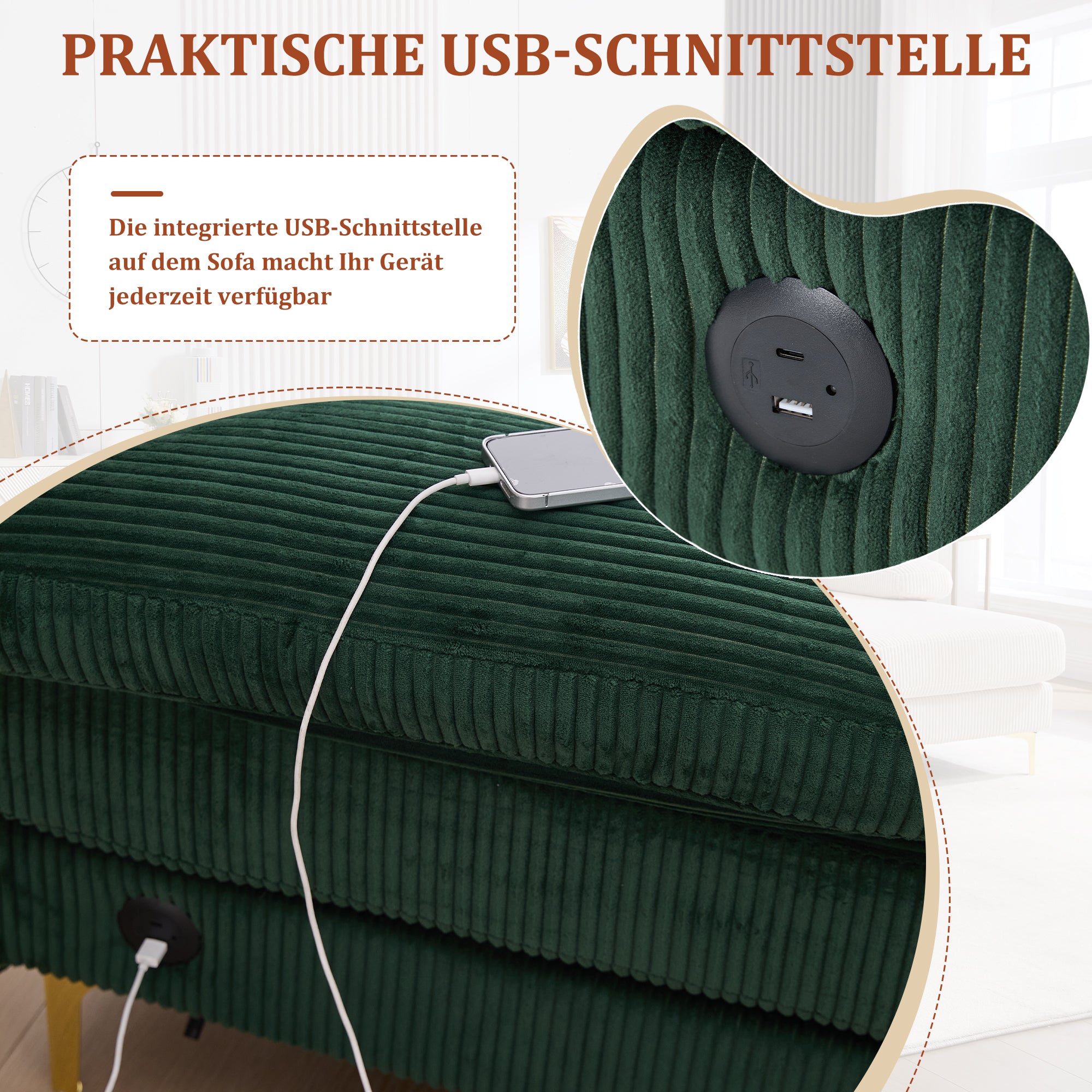 Sofa, U-Shaped with LED & USB-C, Dark Green