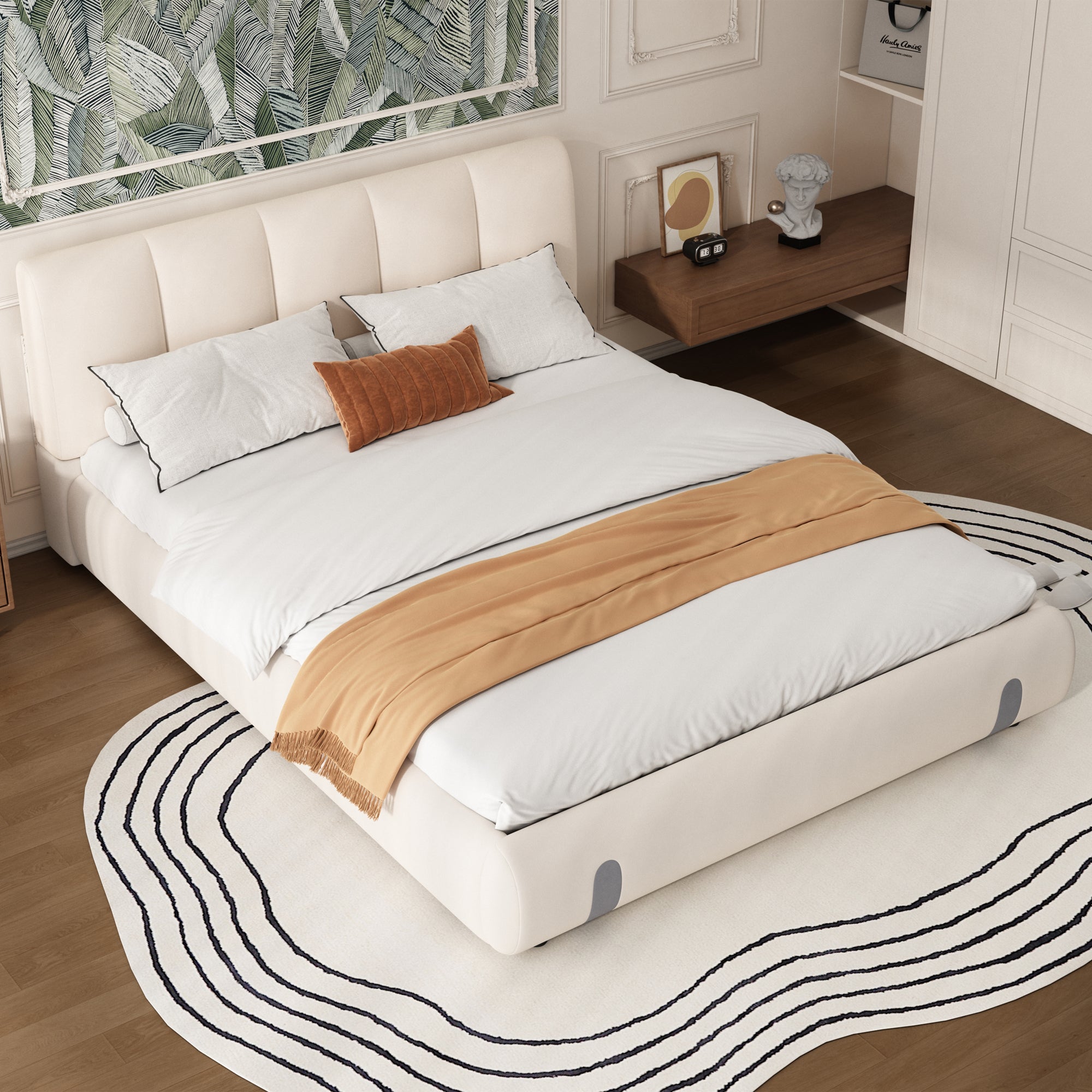 Upholstered Bed for Adults and Teenagers, 4ft6 Double 135x190cm, Durable, Sturdy, Soft Headboard, White Velvet
