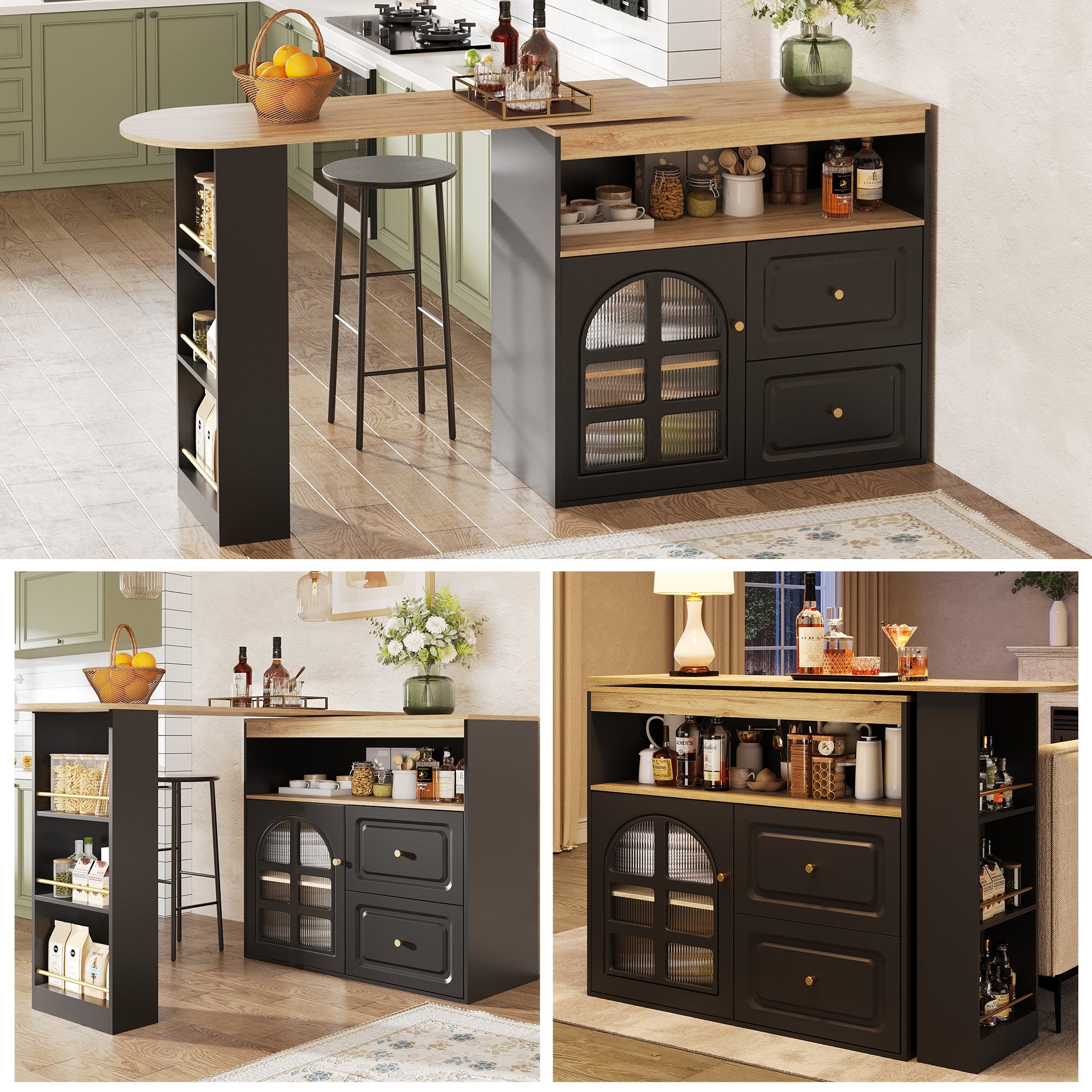 360° Rotating Dining Bar Storage with 2 Drawers Curved Glass - Black