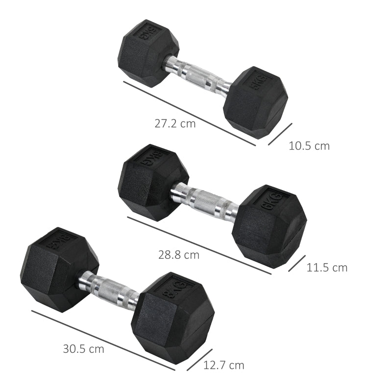 Dumbbell Set Hex Weight Sets 2 x 5kg, 2 x 6kg, 2 x 8kg Rubber