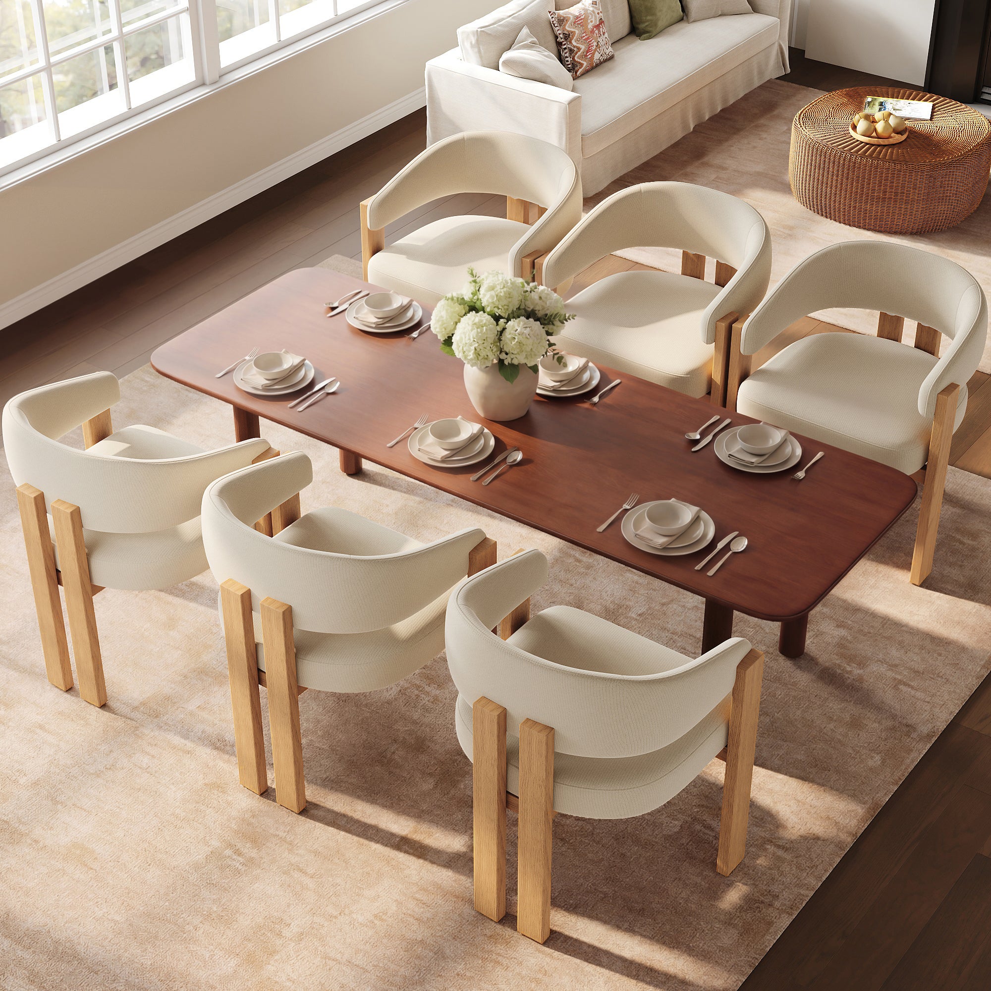 Ergonomic Dining Chair Set of 6 with Thick Padding and Iron Legs, Wood Look