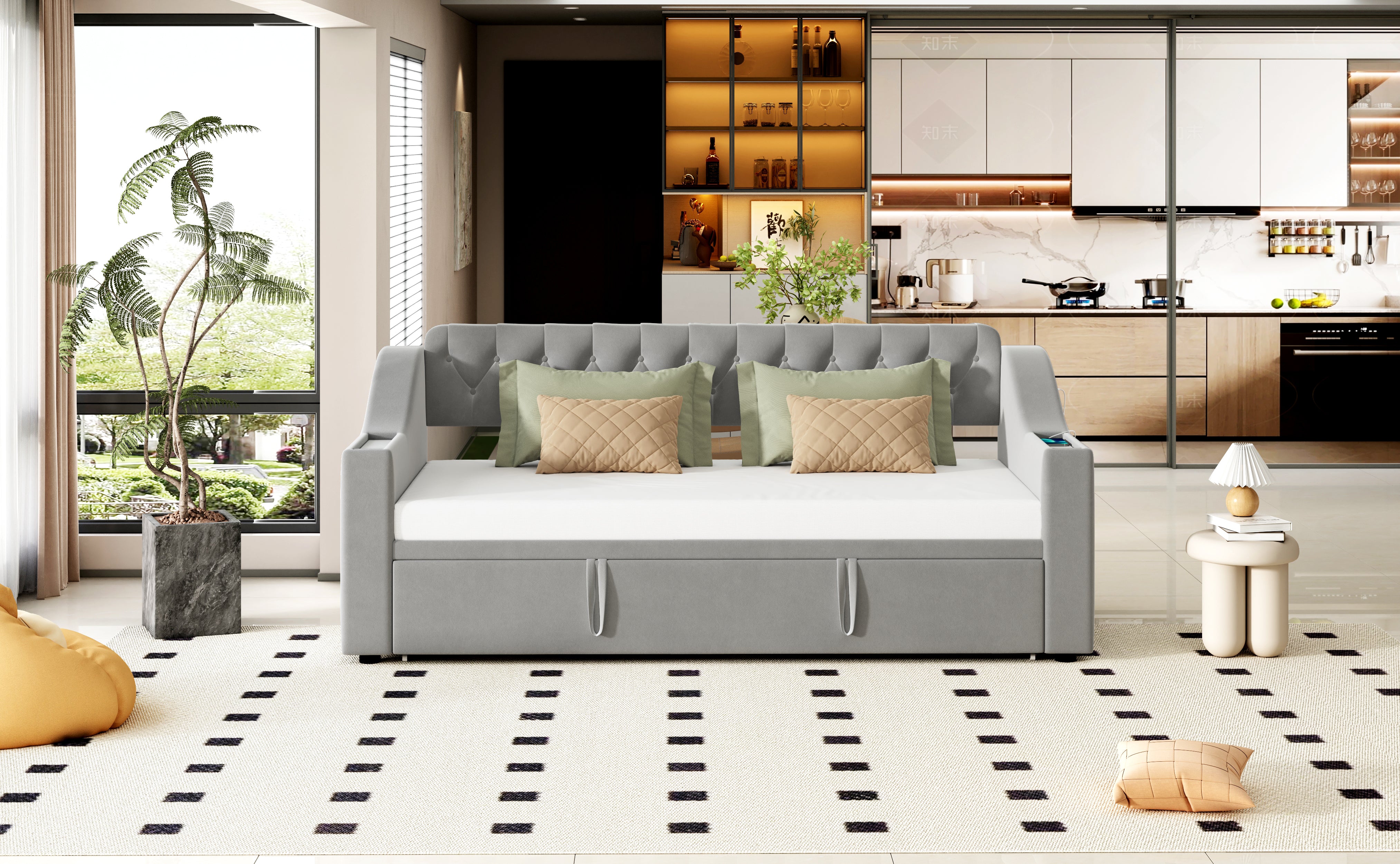 Upholstered Sofa Bed with USB Charging Port, Storage, Slatted Frame, Velvet Fabric, Grey