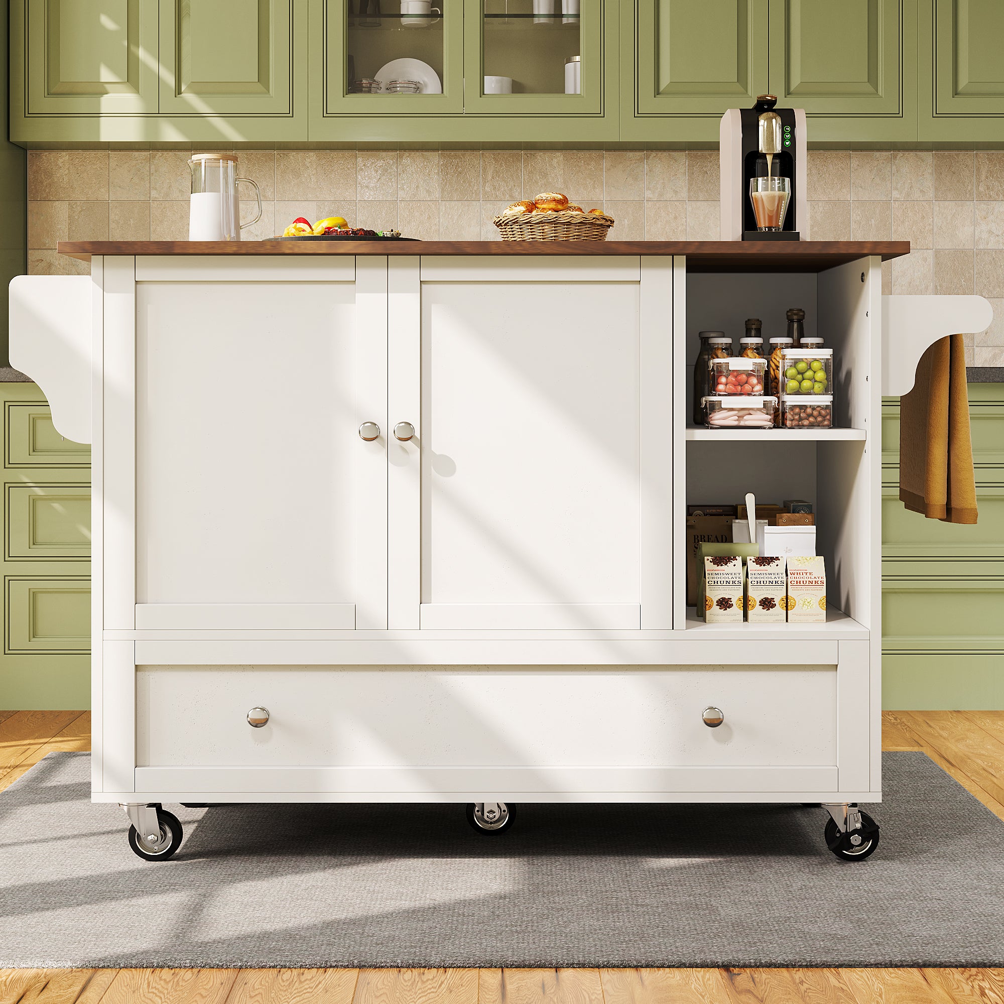 Kitchen Trolley, Removable Dining with Open Storage & Towel Rail, White Wood Grain
