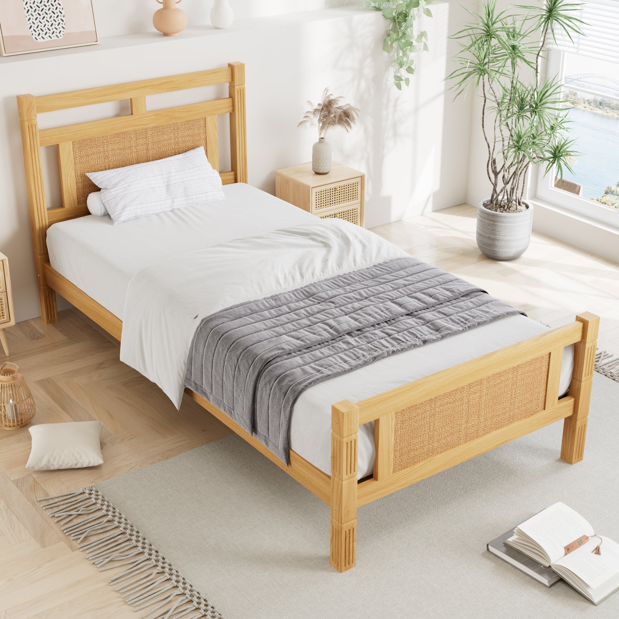 Wooden Bed, Single 90x190cm, Rattan Paper MDF/Pine, Wood Colour