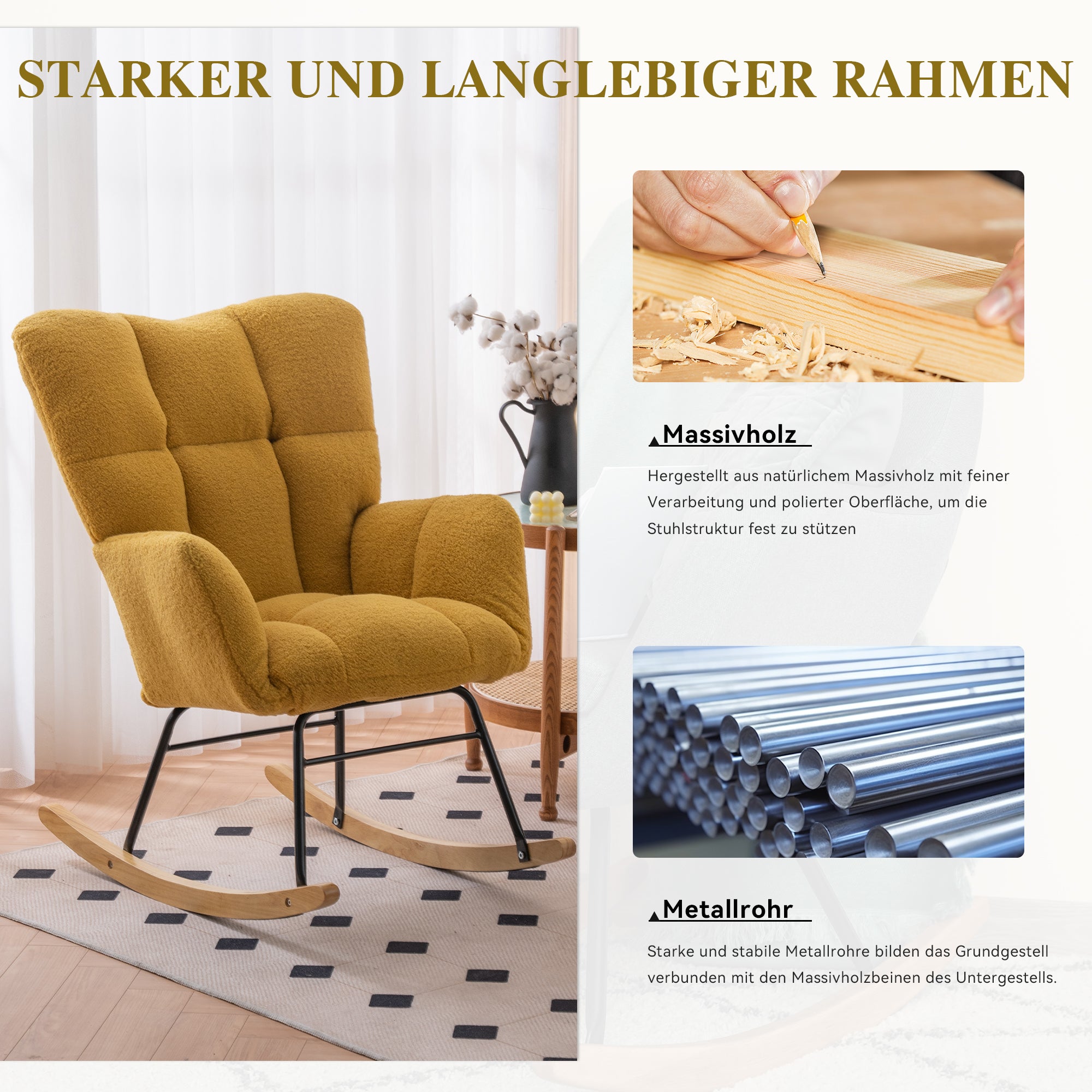 Mid Century Modern Rocking Chair with Tufted Cover, Padded Seat, Teddy Fabric, Yellow