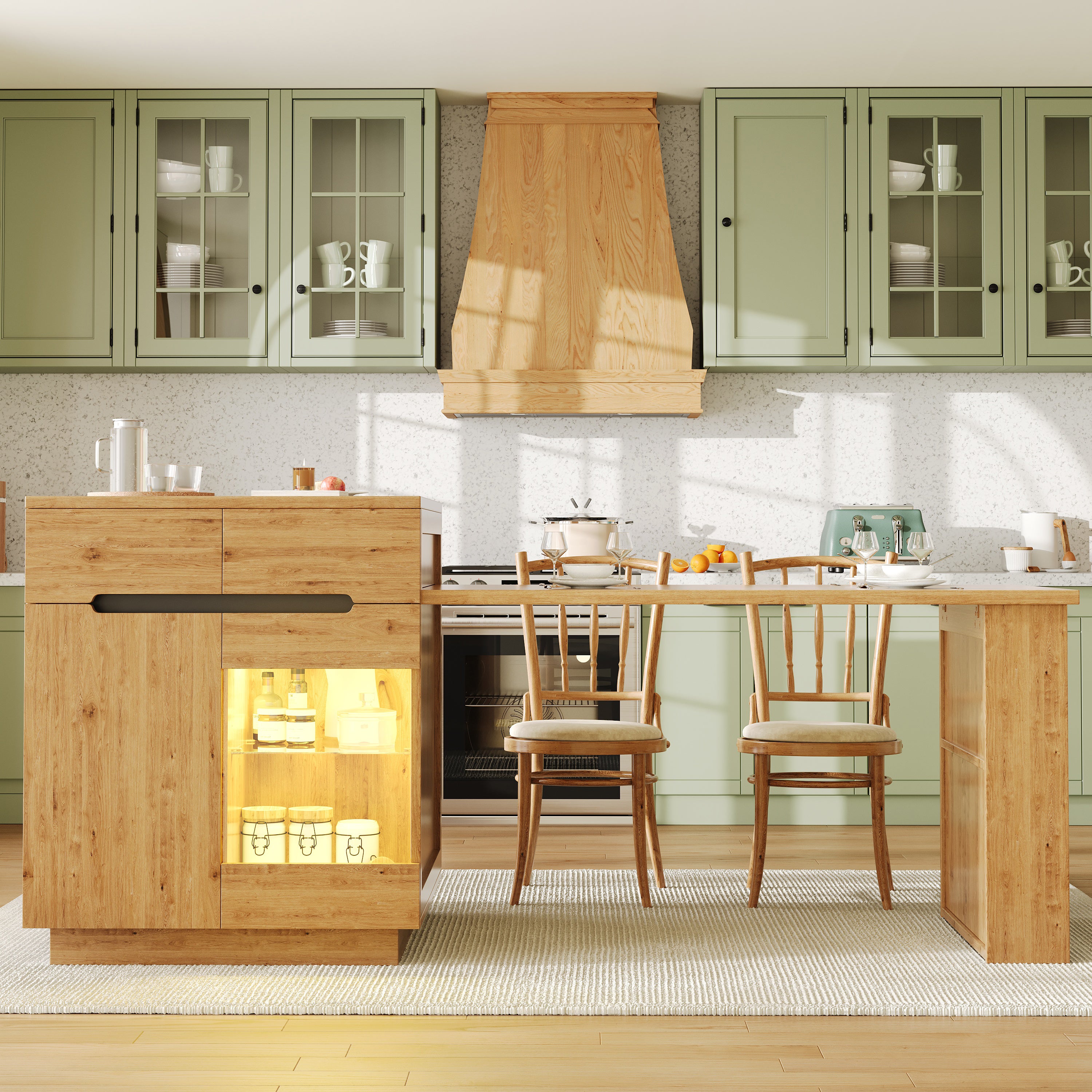 Kitchen Island with Extendable Table, Multifunctional Cabinet with LED Lighting and Drawers, Oak Look