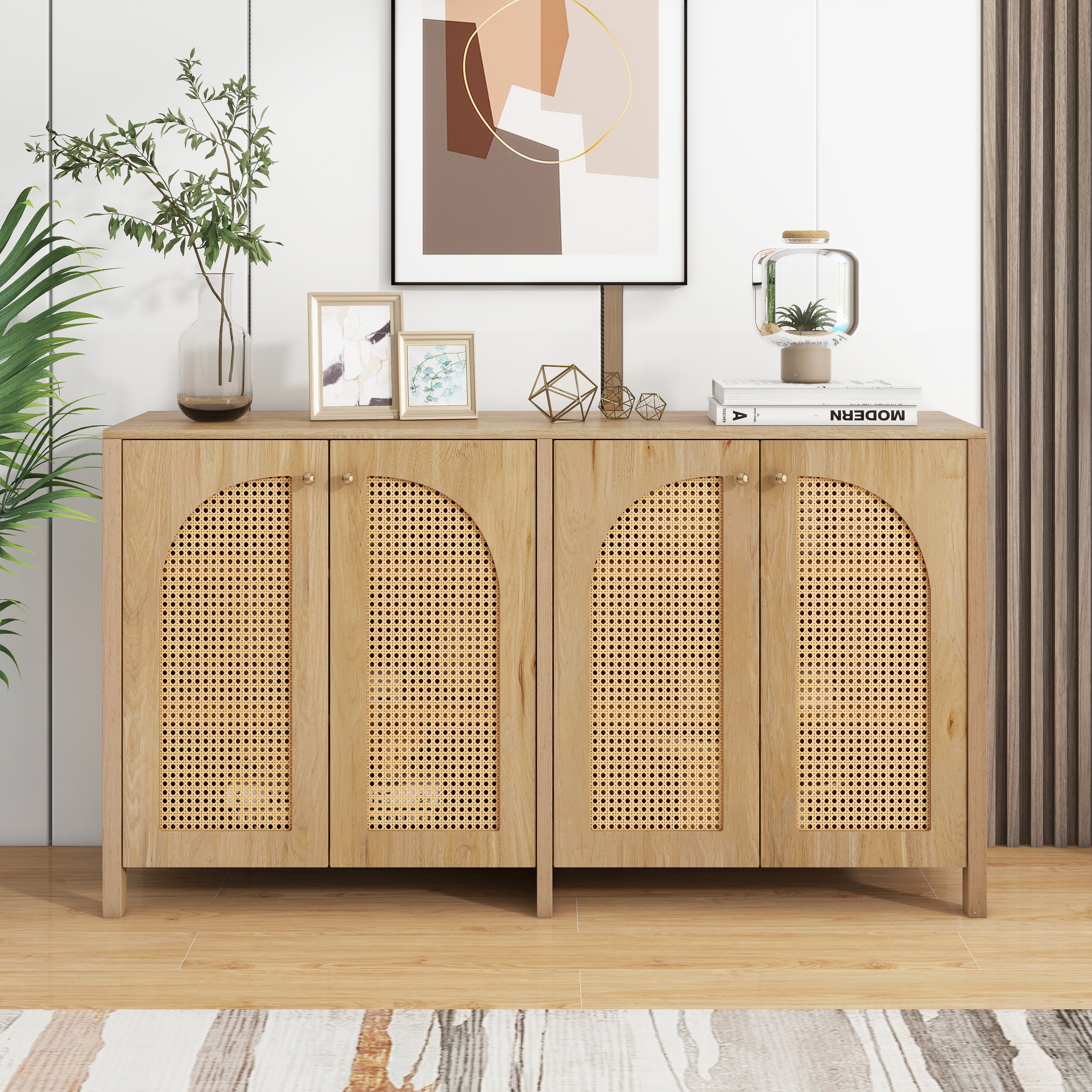 Sideboard, Minimalist with 4 Rattan Doors & Metal Handles, Natural Wood