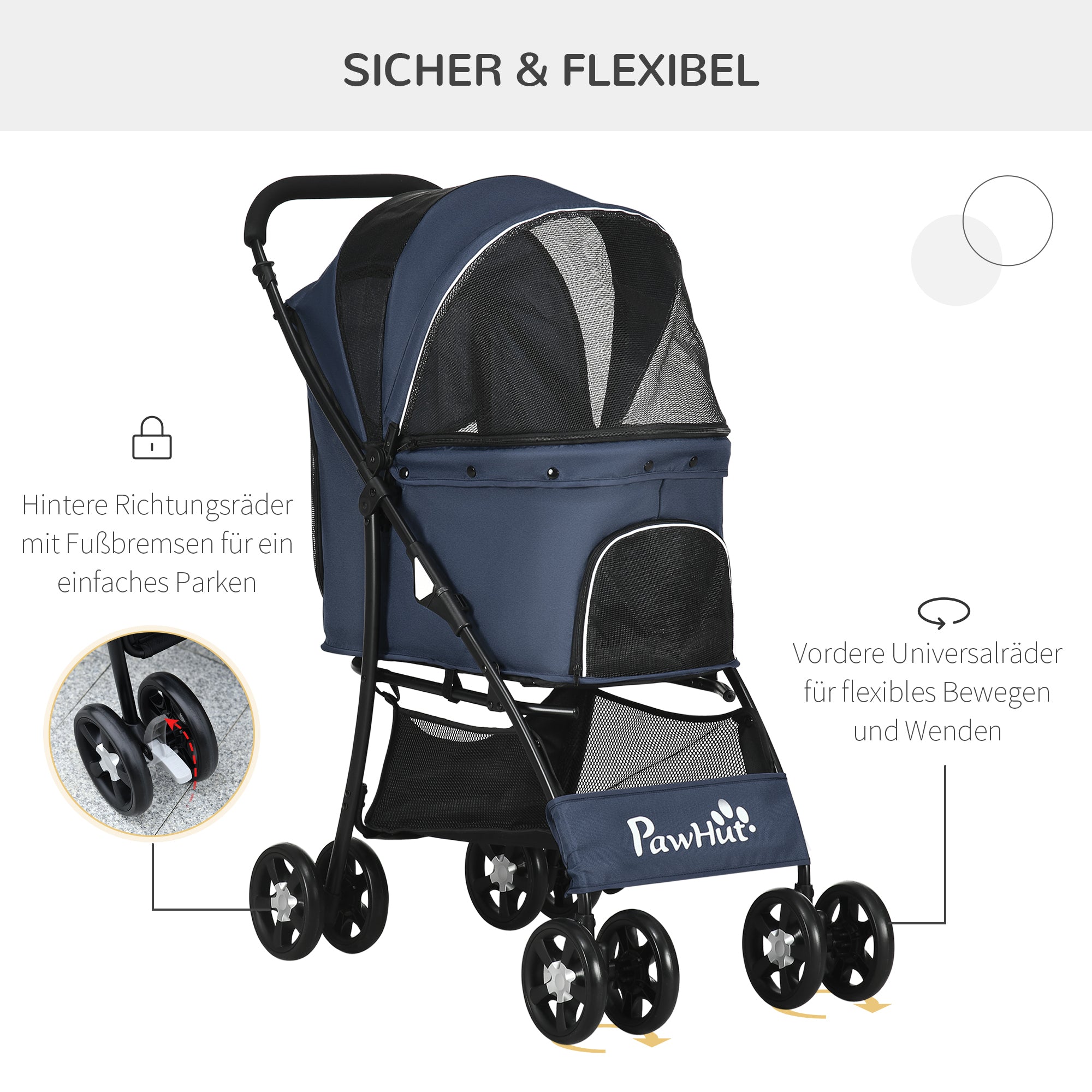Dog Stroller, Foldable Buggy with Cushion, 4 Wheels, 600D Oxford Material