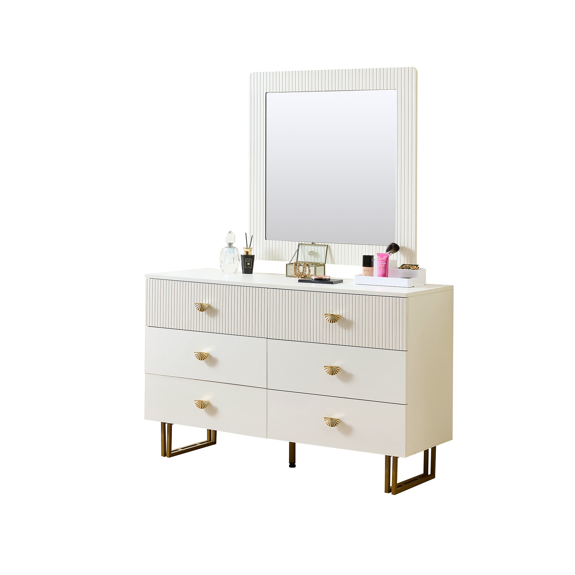 Modern Sideboard and Mirror Set, 6-Drawer Chest, White
