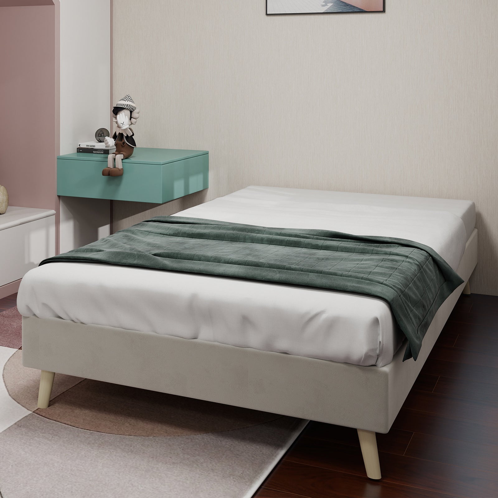Modern Minimalist Bed Frame, 90x200 cm Low-Profile Base, Beige Dutch Velvet