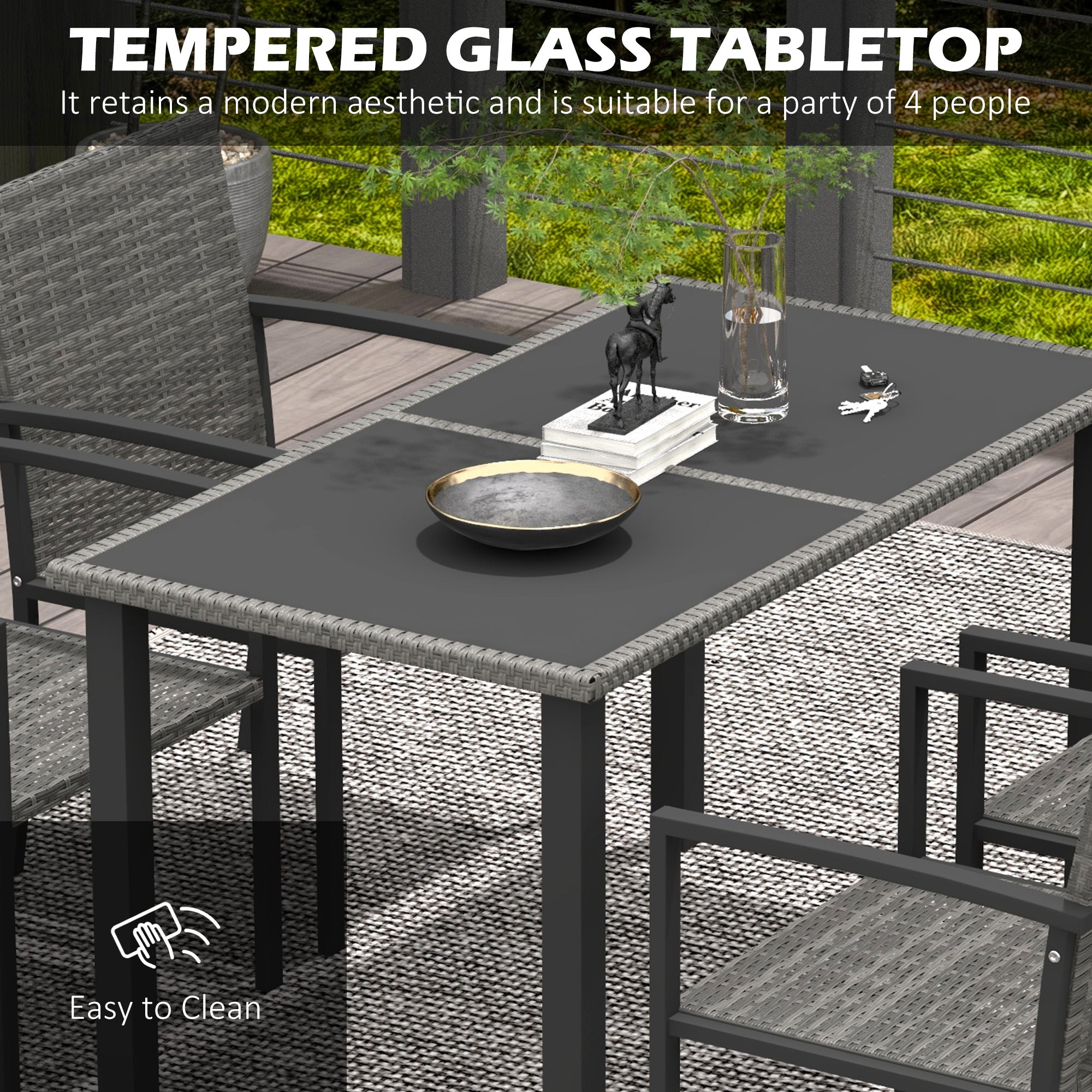 Outdoor Dining Set 5 Pieces with Tempered Glass Tabletop and 4 Chairs, Grey