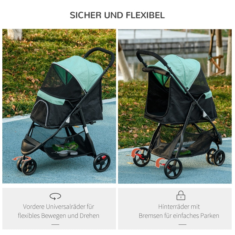 Pet Stroller, Foldable with Rain Cover & 2 Cup Holders, Blue + Green
