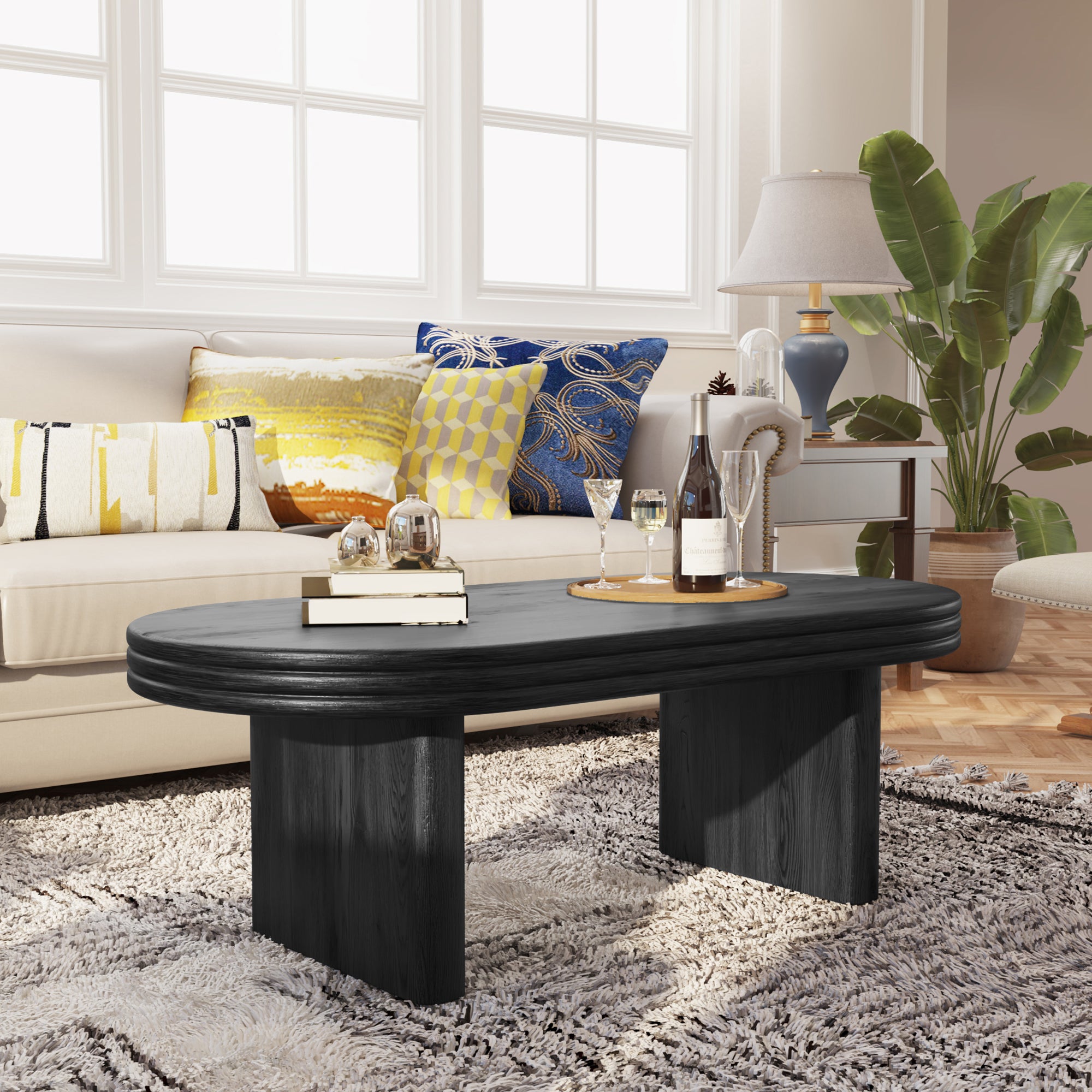 Mid Century Modern Oval Fluted Coffee Table Rustic Wood - Black