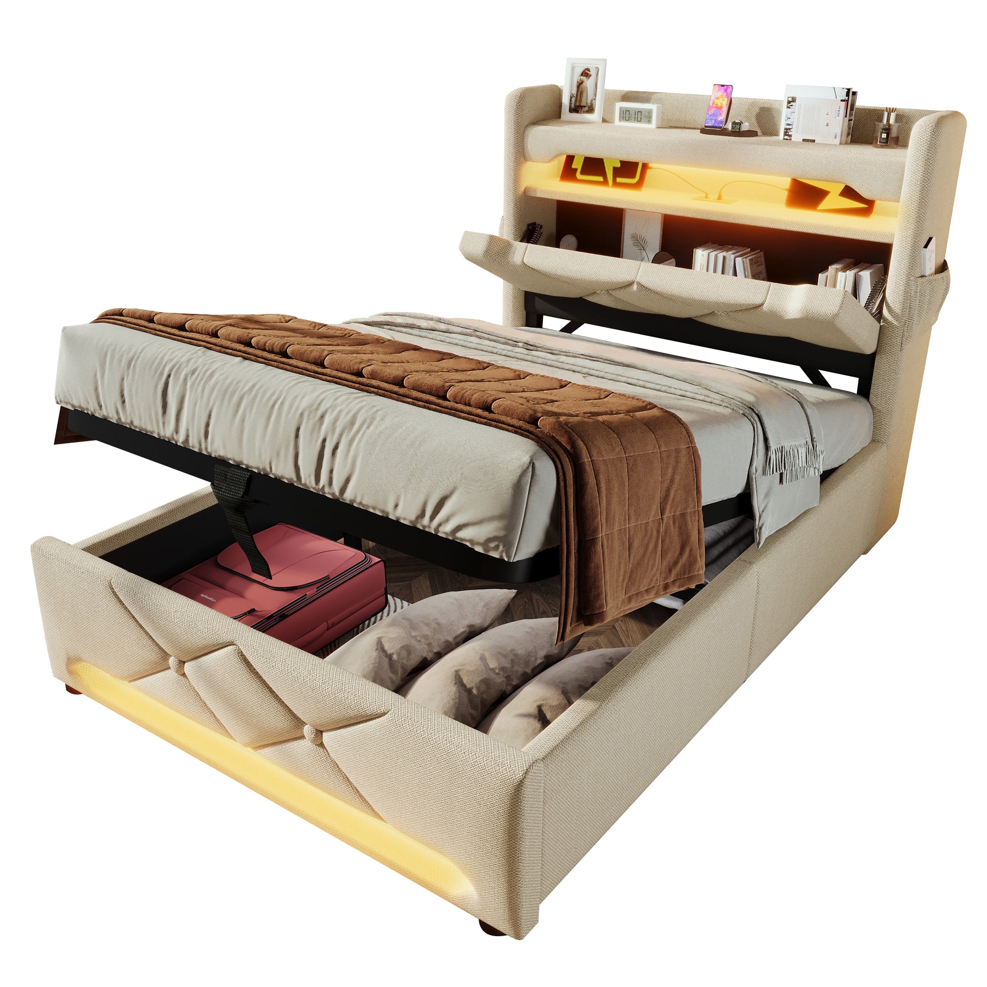 Upholstered Single Bed 90x200 Hydraulic Storage LED/USB Headboard, Beige Linen