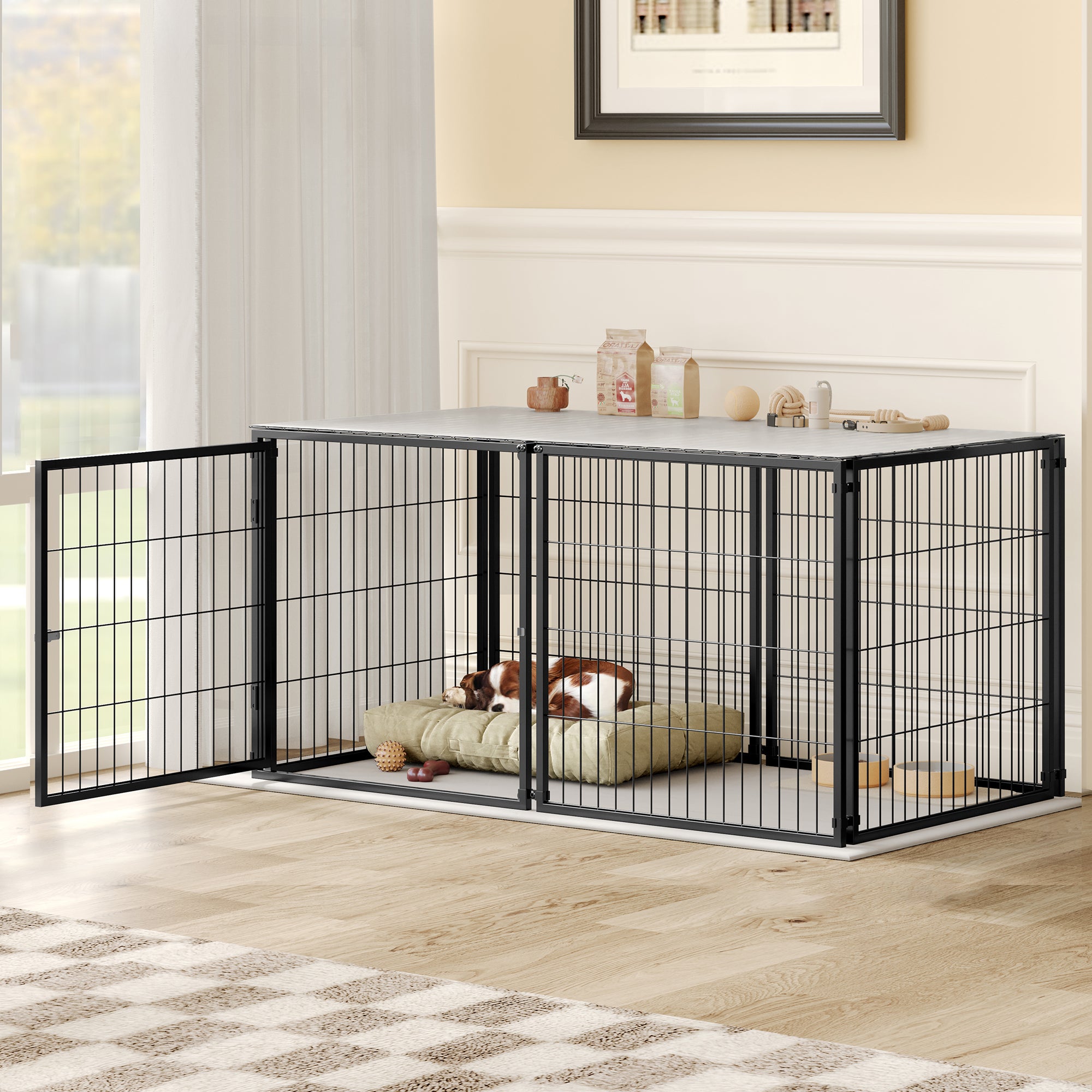 Basics Modular Dog Crate Flexible Safety Lid Adjustable Door 120x60x60cm - Black Steel