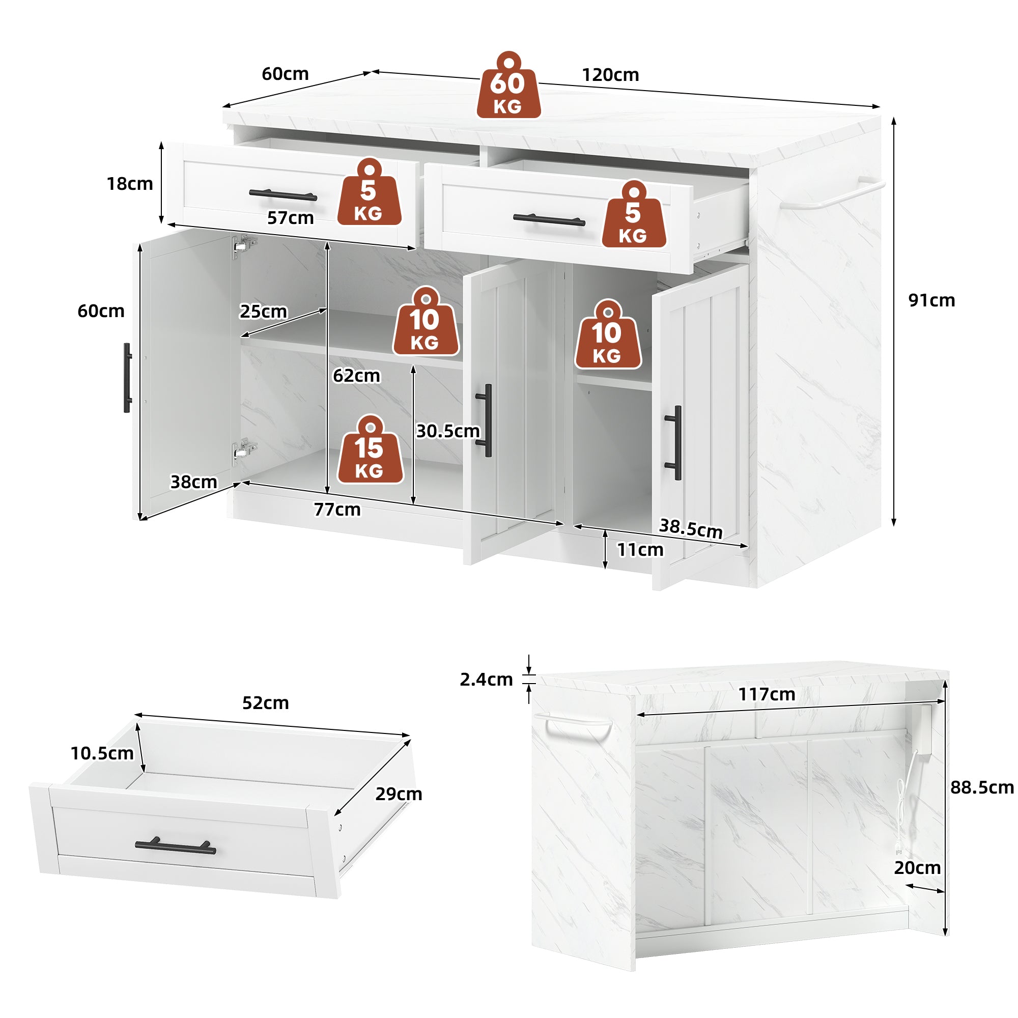 Kitchen Island with Power Outlets USB Adjustable Shelves, White