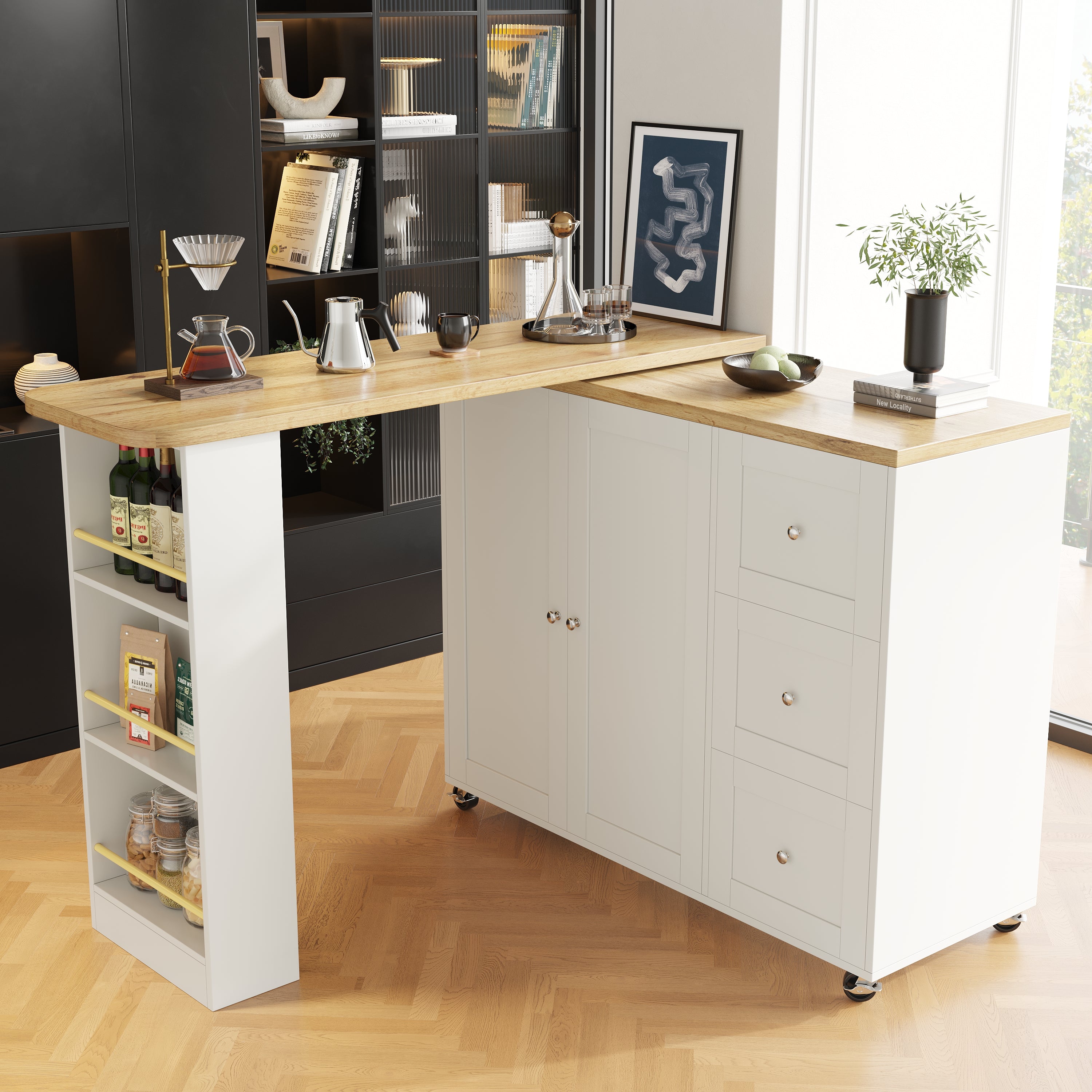 Dining Table 360° Swivelling, Bar Table, Storage Island with Drawers & Snack Rack, White