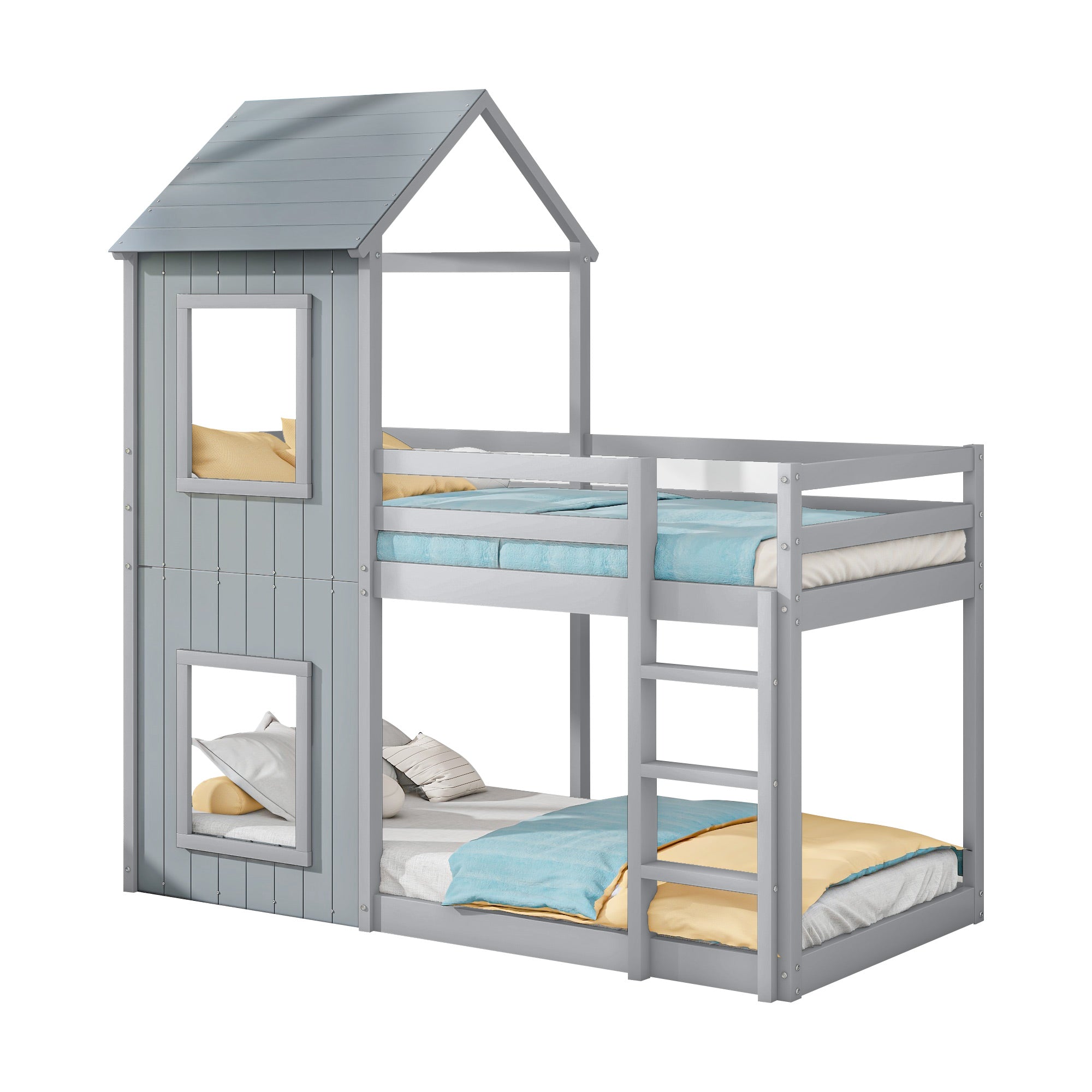 Bunk Bed, House Bed with Ladder & Canopy, Solid Wood, Grey