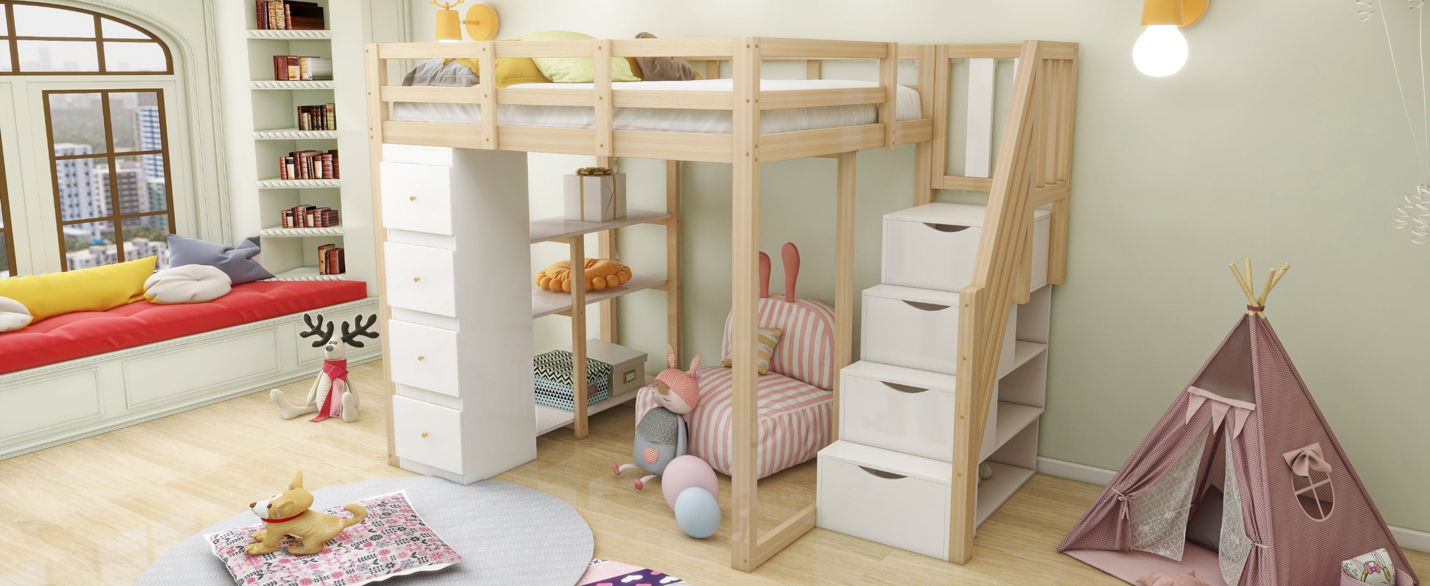 Loft Bed 140x200cm with Storage Drawers, Shelves, & Ladder, Solid Wood