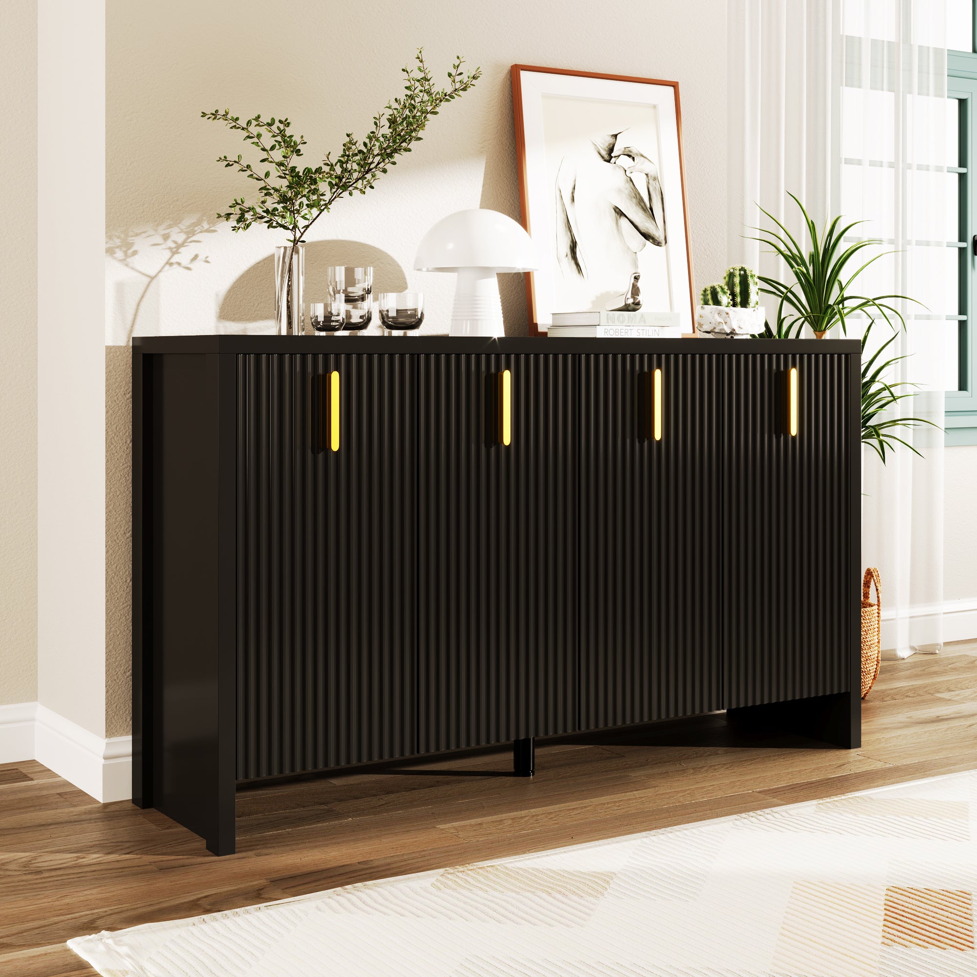 Sideboard, Minimalist with Flexible Storage, Gold Handles & Adjustable Dividers, Black