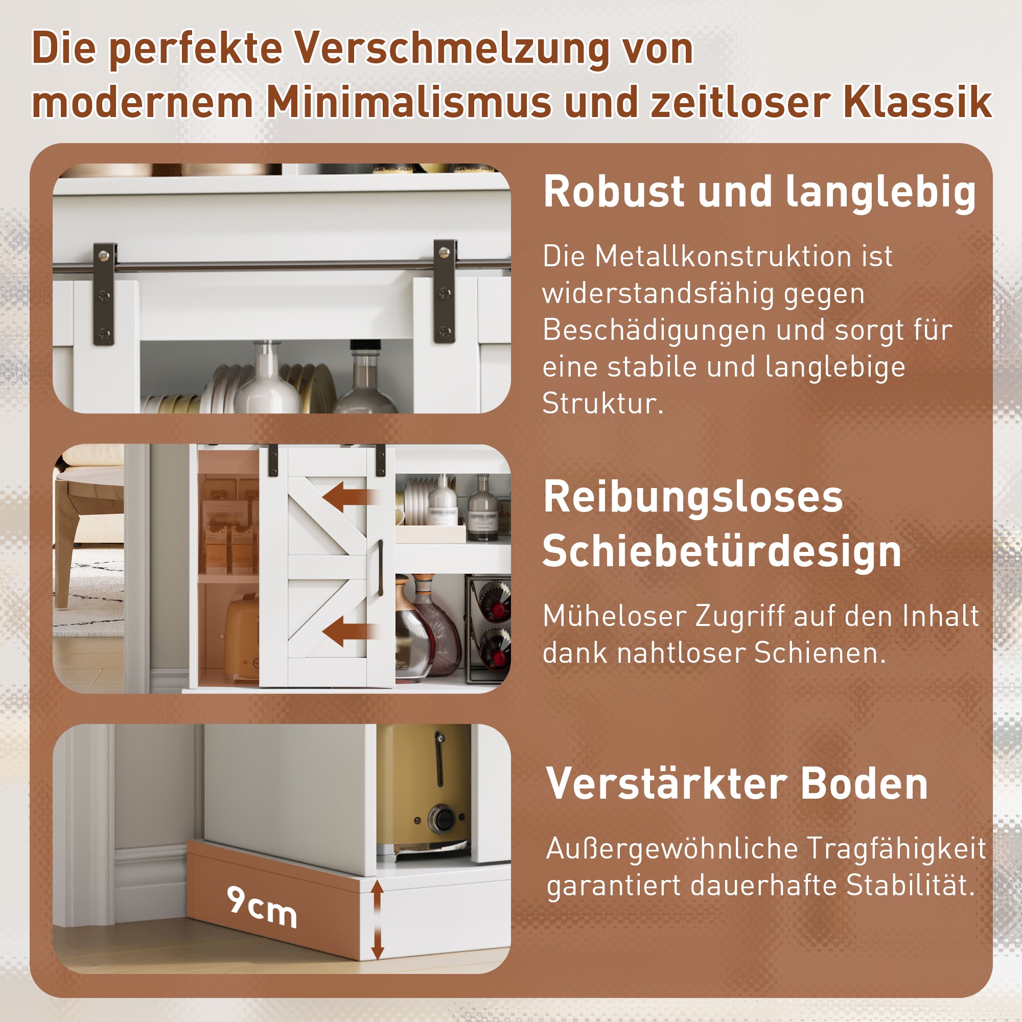 Coffee Bar Sideboard 120cm Glass Holder Power Outlets Sliding Doors - Country Style