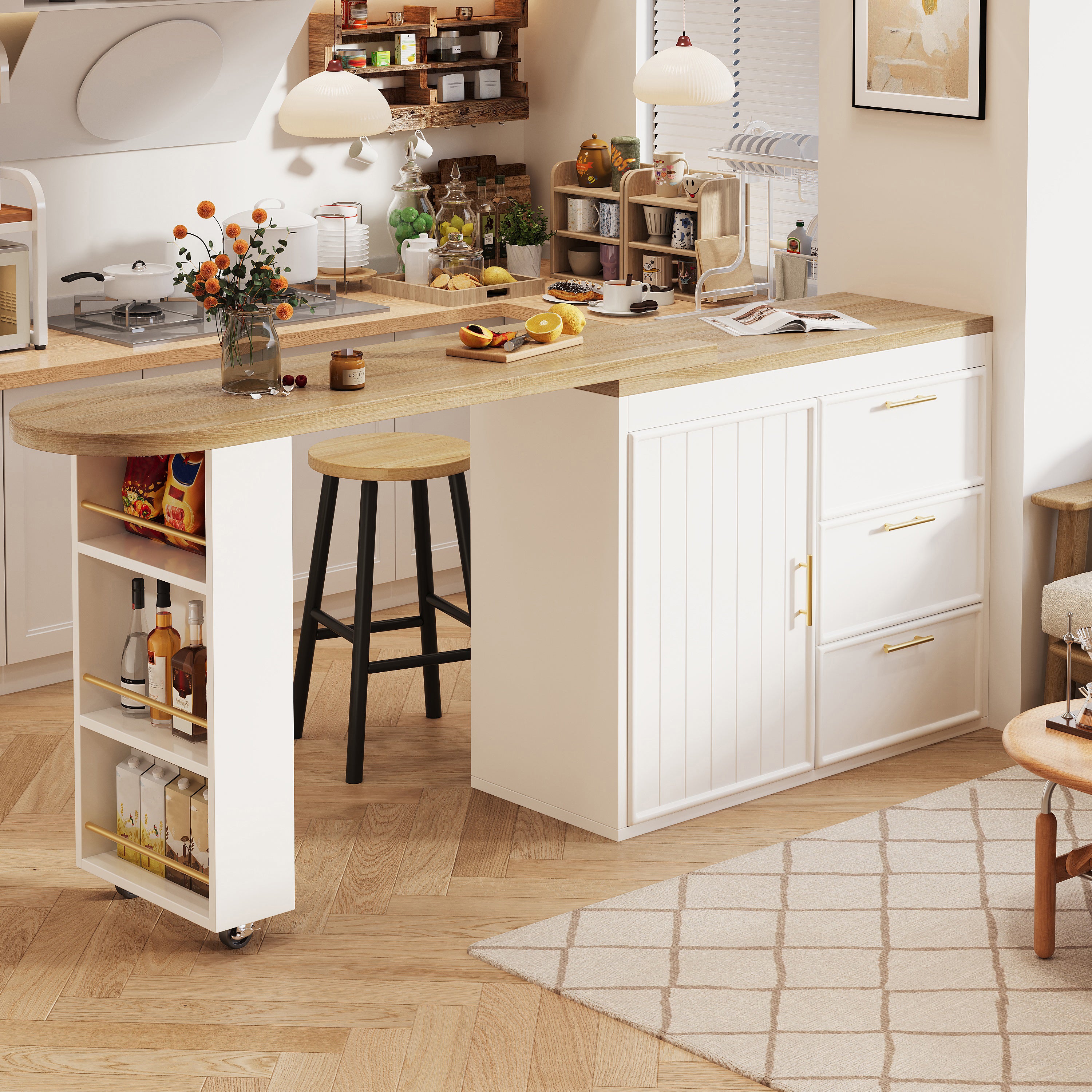 Bar Table with 360° Swivel, 3 Drawers and Storage Shelves, White