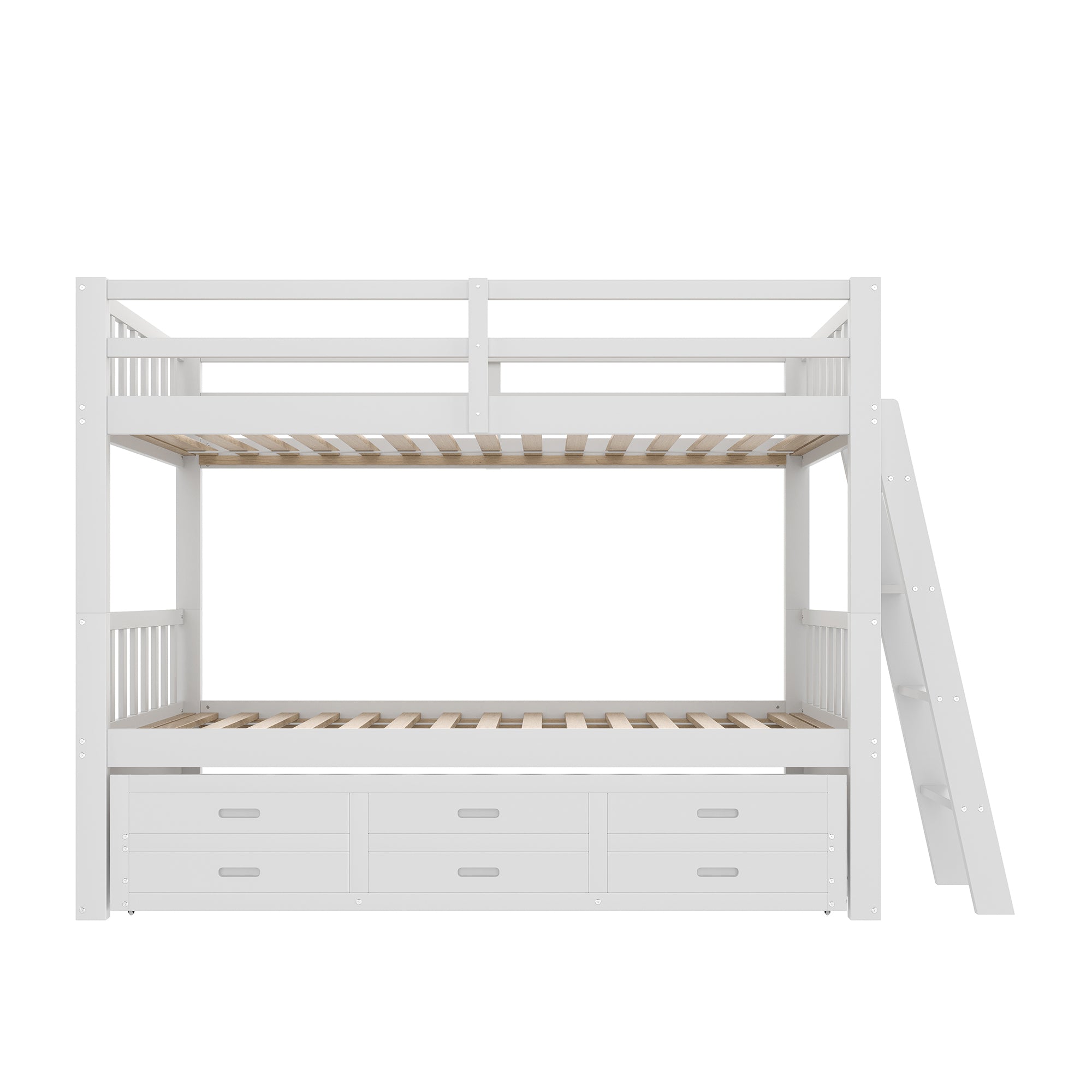 Bunk Bed 90x200cm House Bed with Ladder, Pull-Out Bed & 3 Drawers, White Pine Wood & MDF
