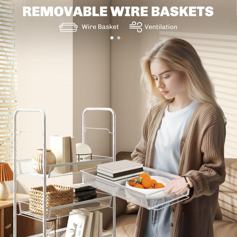 Storage Trolley 5-Tier Mesh Basket with Wheels, White Steel