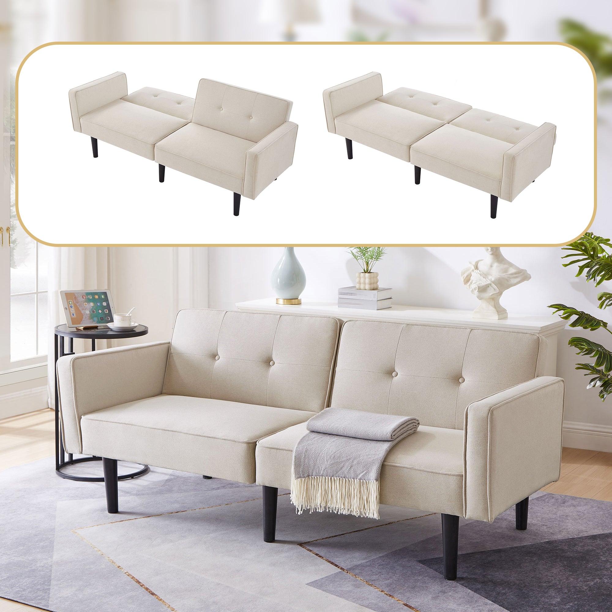 Sofa Bed, 2-in-1 Adjustable with Independently Adjustable Backrests, Cotton Linen Fabric