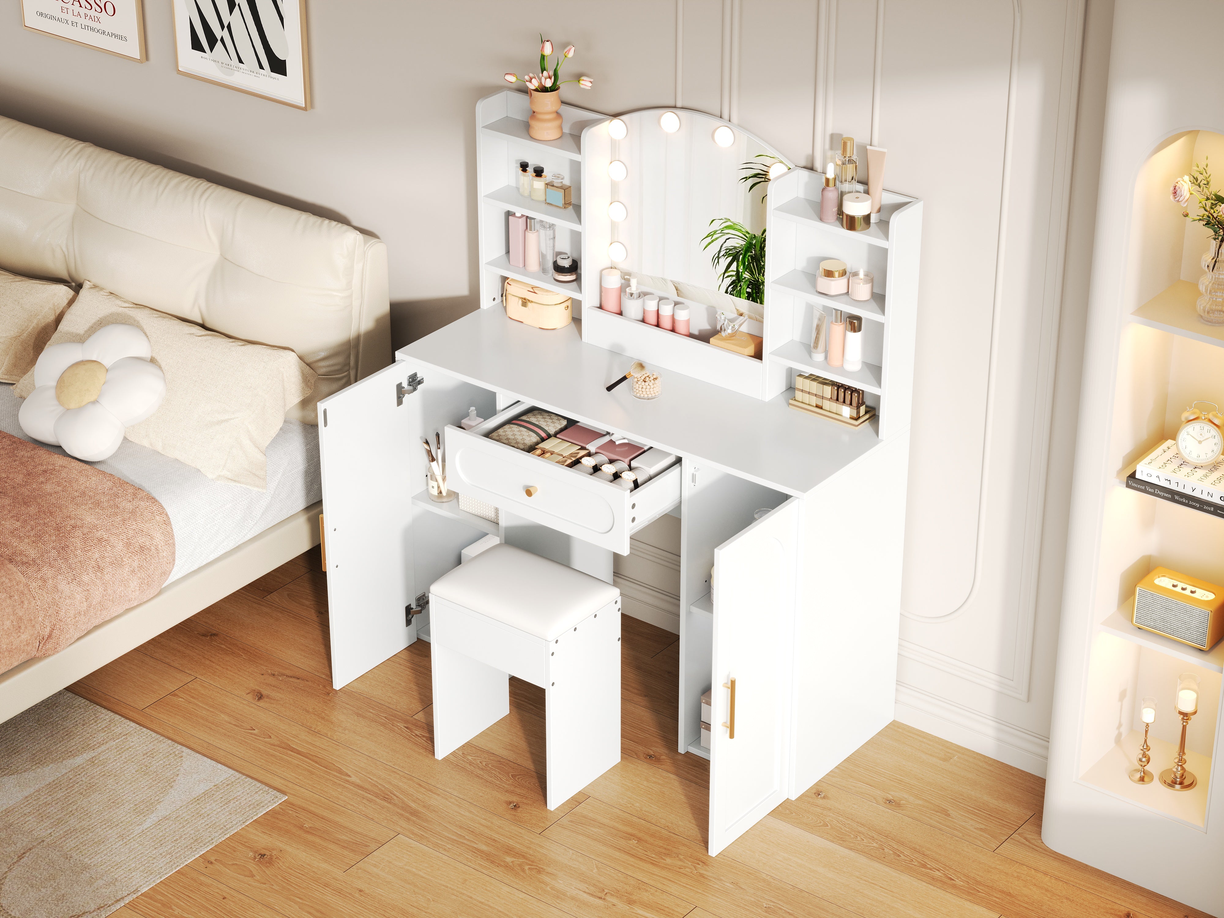 Large Vanity Table with LED Lighting, Mirror and Stool, White
