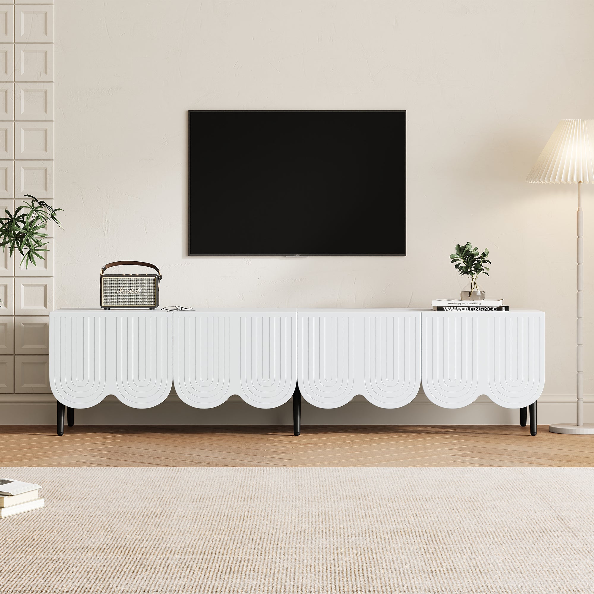 Modern TV cabinet for TVs up to 80 inches with two doors and cable management in white