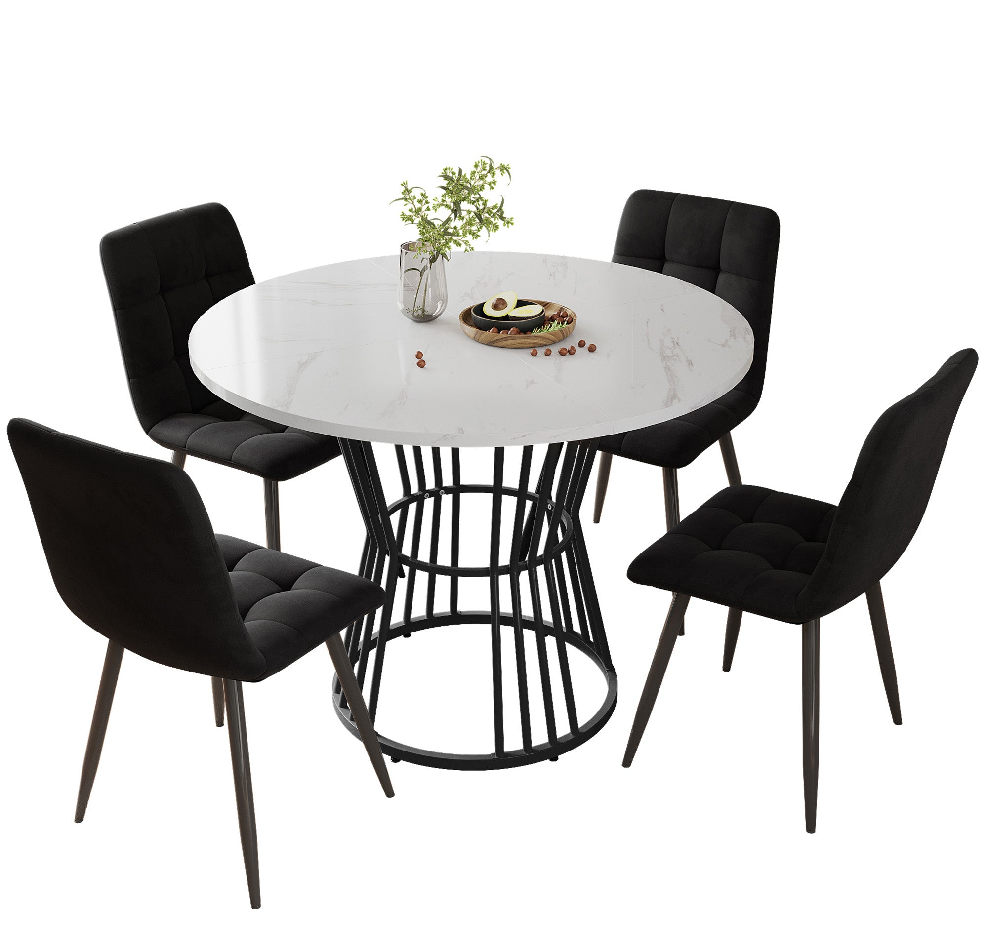 Dining Table Set 5-Piece Round 100cm Velvet Chairs - White/Black