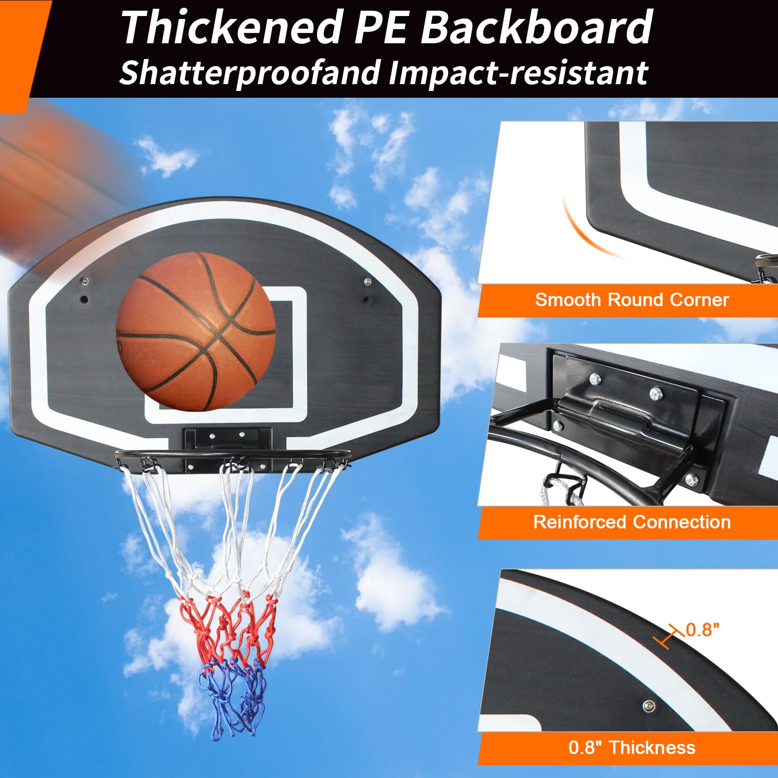 Basketball Hoop Wall/Door Mount Indoor/Outdoor Shatter-Proof Backboard - Black