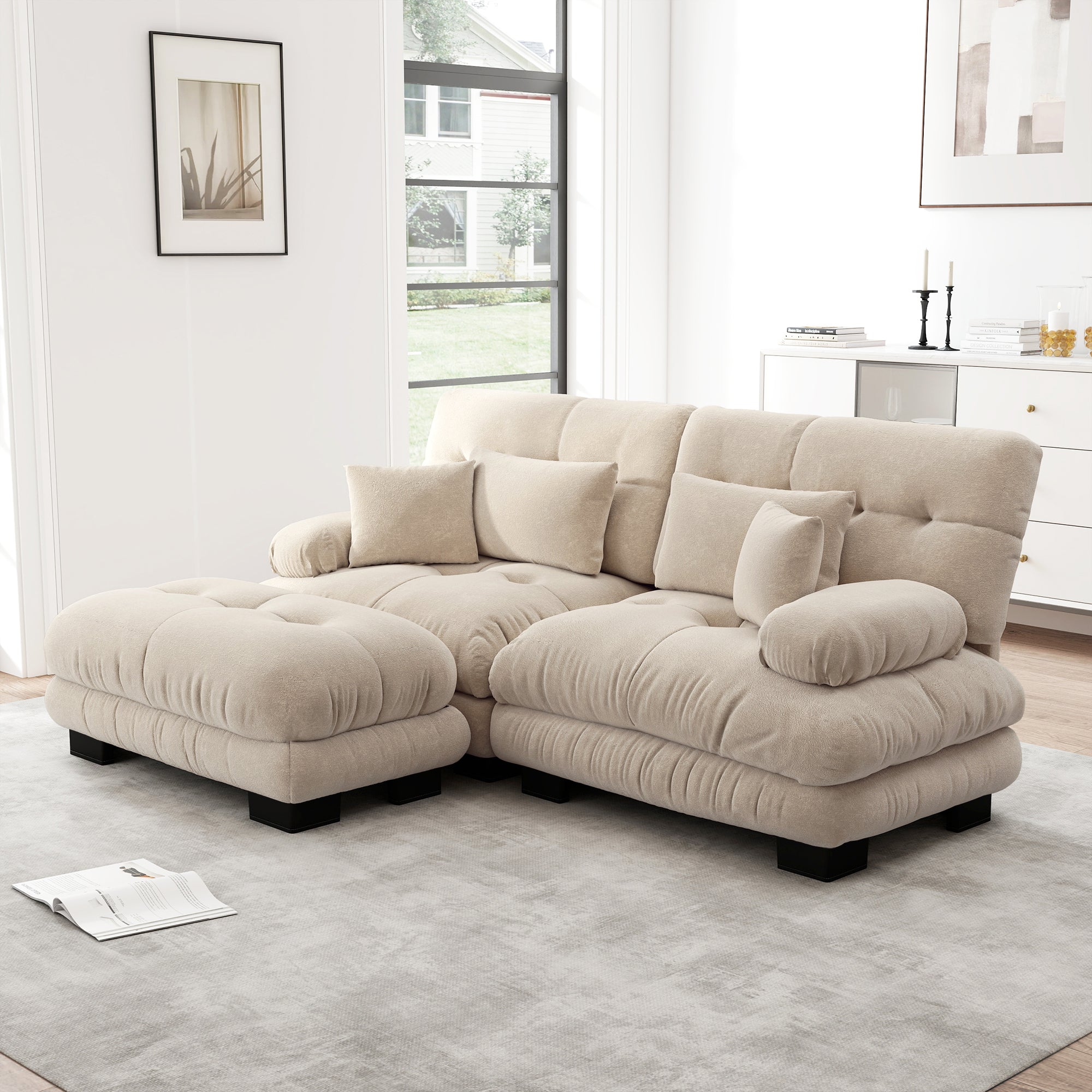 Cloud Corner Sofa, Double with Lumbar & Decorative Pillows, Ottoman, Chenille Light Brown