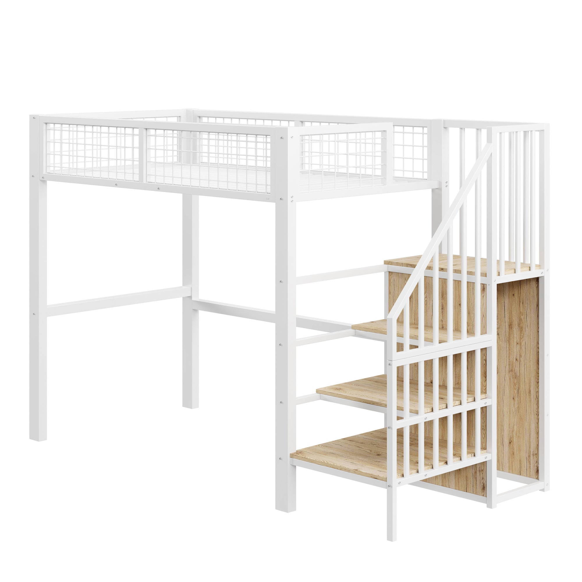 Loft Bed with Ladder, Iron Frame & Storage Shelf, White
