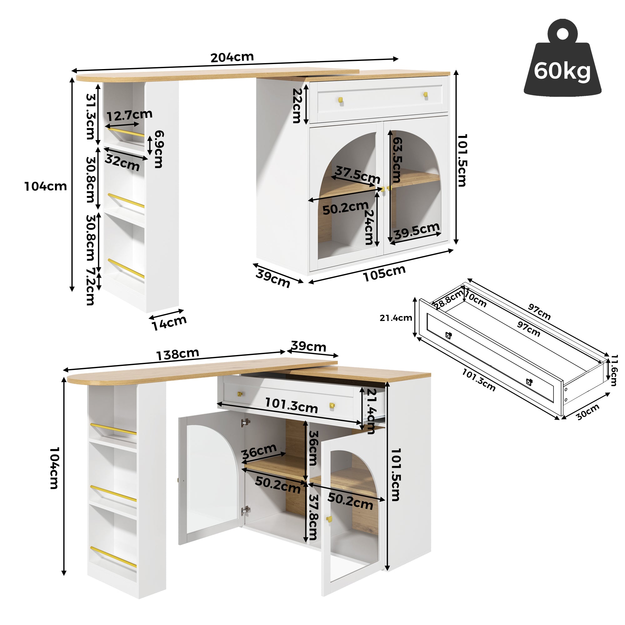 Bar Table Extendable 360° Rotating Storage with Shelves & Glass - White