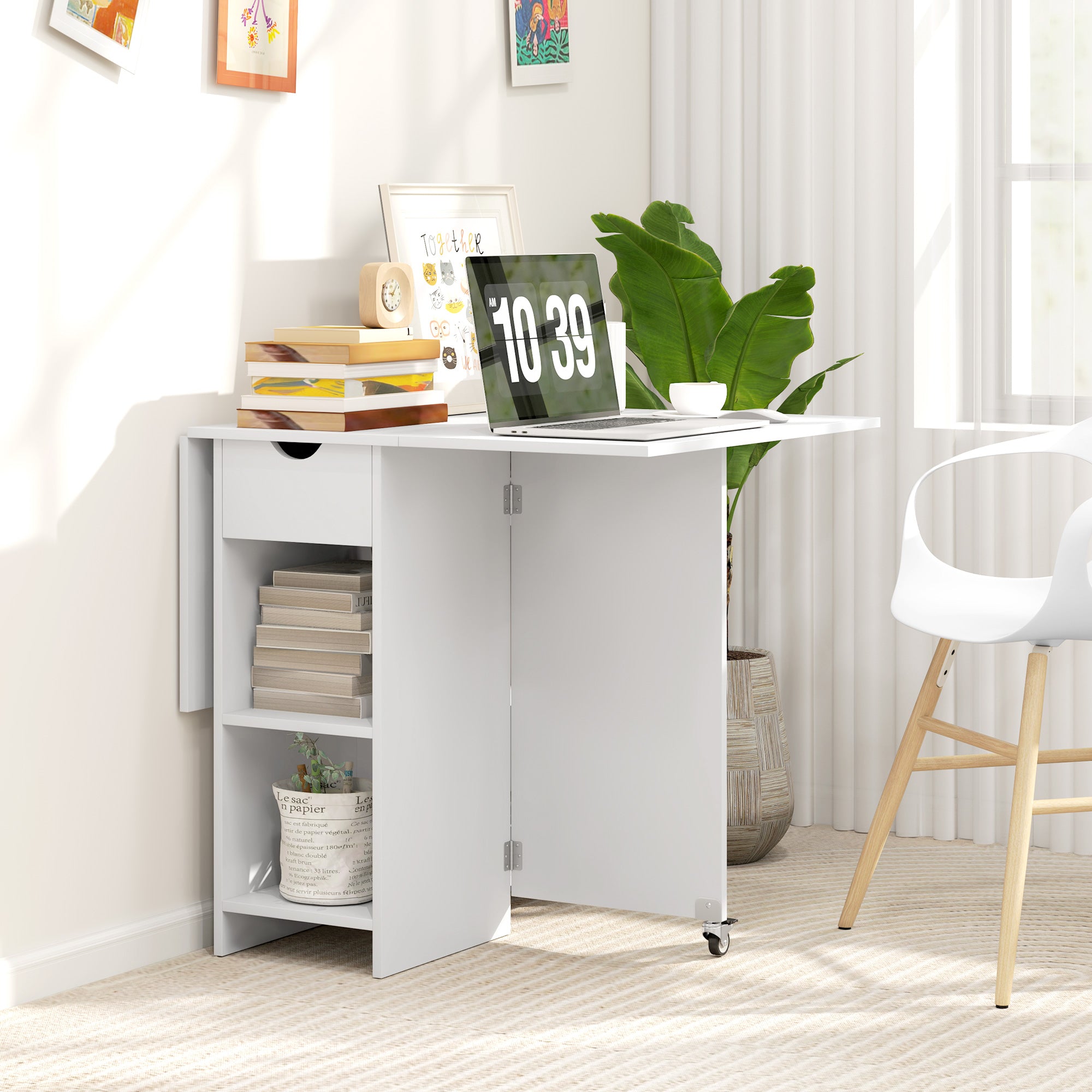 Folding Dining Table, Mobile 2-4 Person Storage Table, White