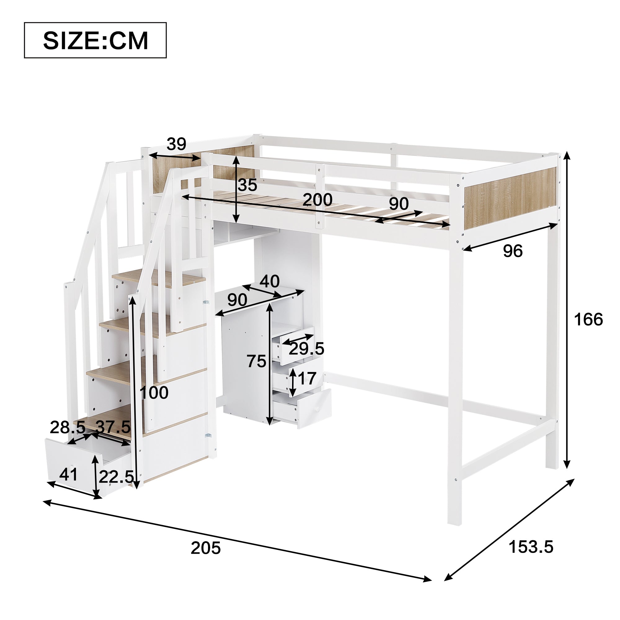 Bunk Bed with Safety Gate, Desk & Storage, Pine+MDF White+Natural