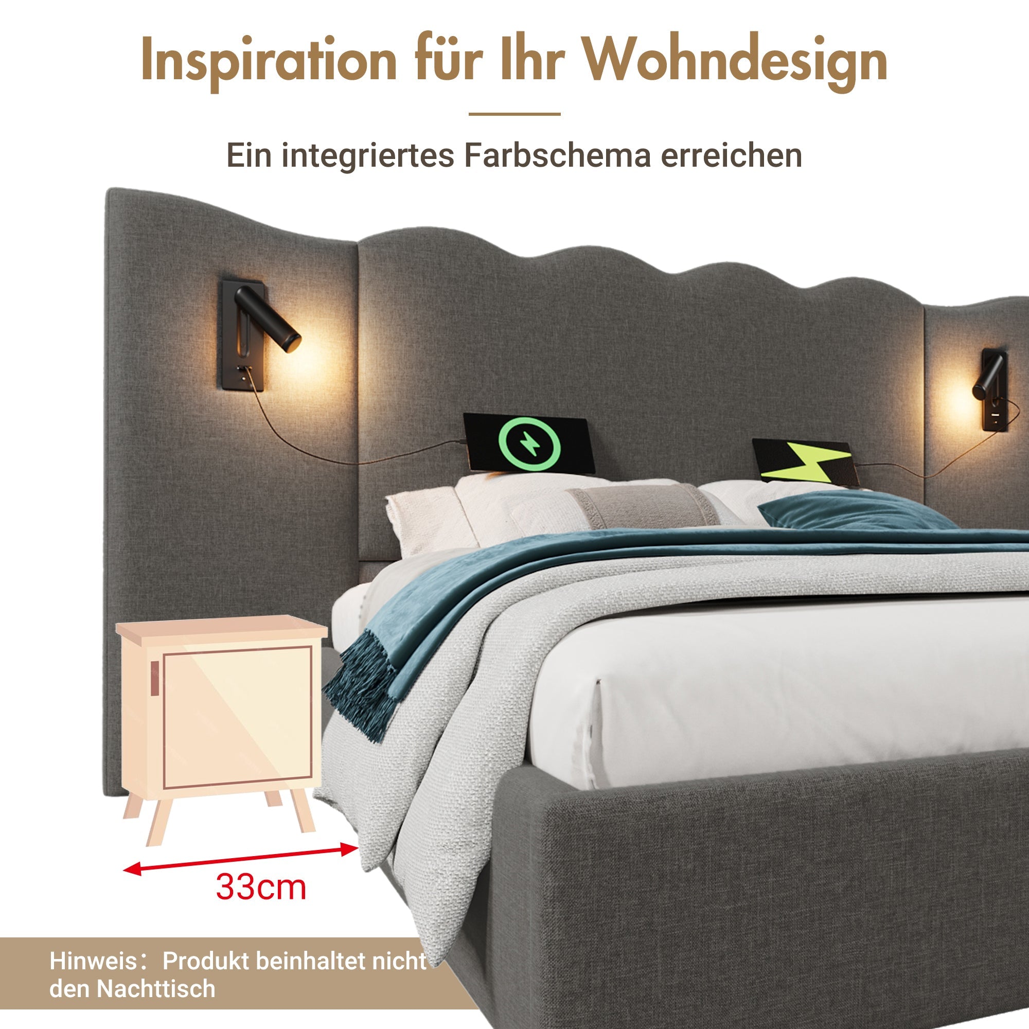 Upholstered Double Bed 180x200 with Reading Lamp and USB Type-C, Storage Bed Frame, Grey Linen