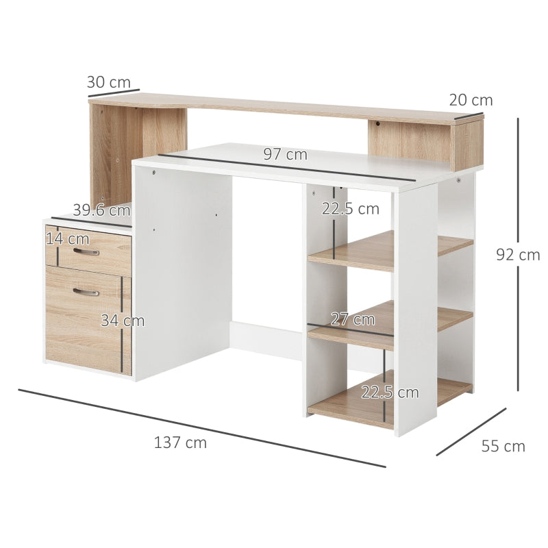 Computer Desk with Drawers, Storage Shelves, Printer Stand, 137 x 55 x 92cm, Oak