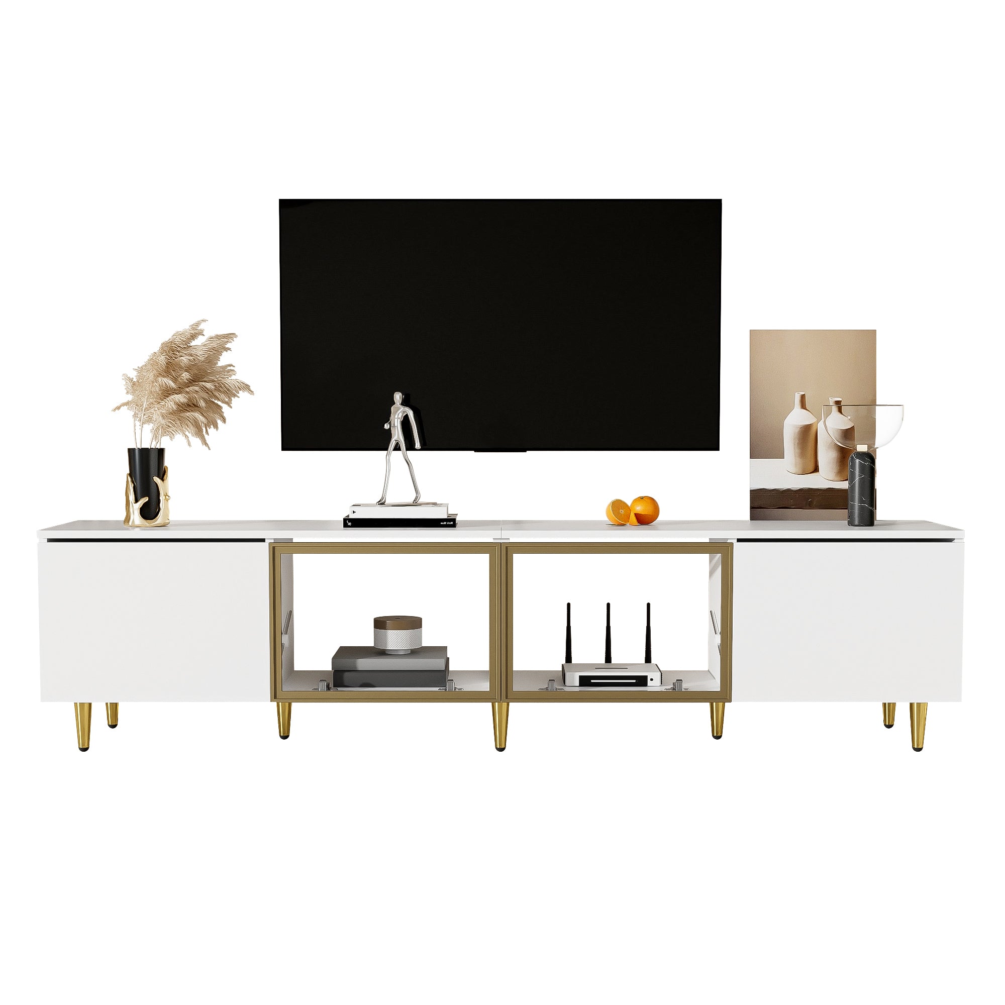 TV Cabinet 170cm Minimalist Style, Floor and Wall Mounted, 4 Doors (2 Glass Doors), White