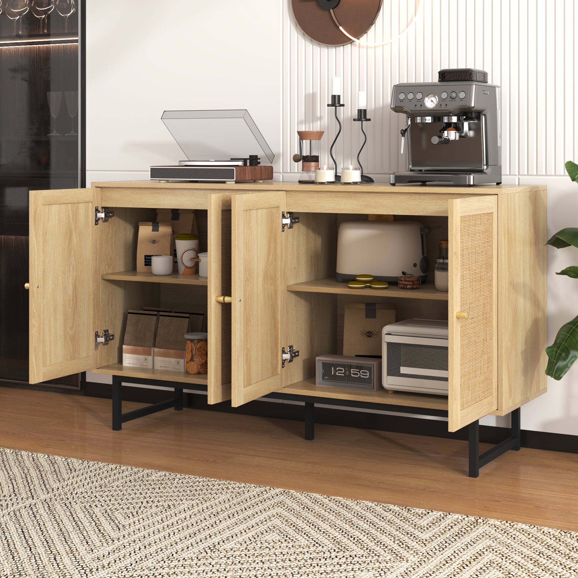 Sideboard with Real Rattan Weave, 4 Doors, 140x39.5x80 cm