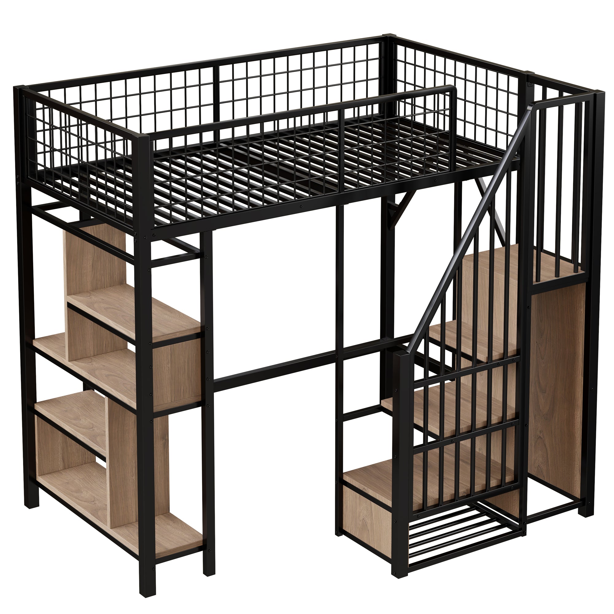 Loft Bed, 90 x 200 cm, Storage, Shelves & Stairs, Metal Black