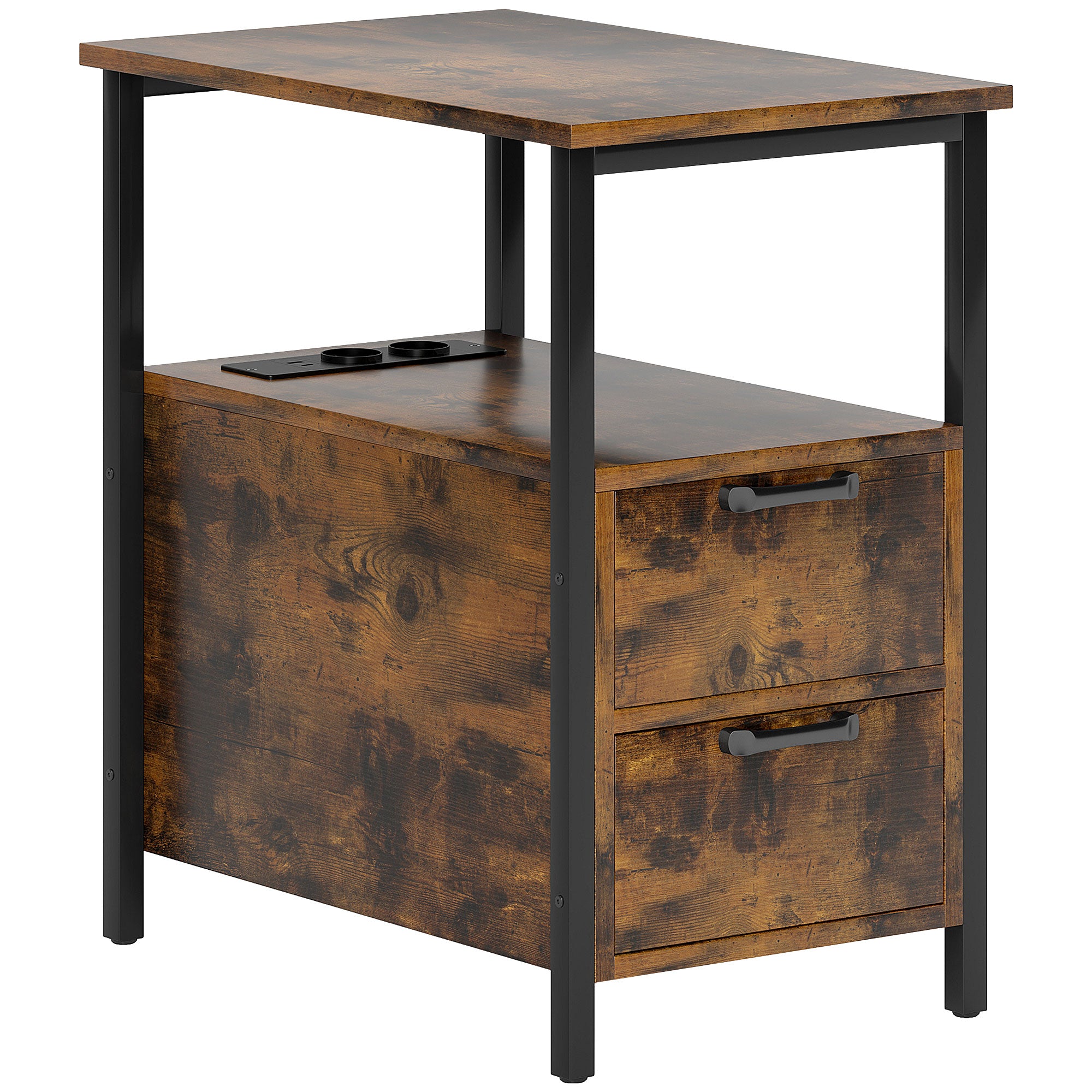 Side Table Coffee Table with Charging Station, 2 Drawers, Rustic Brown