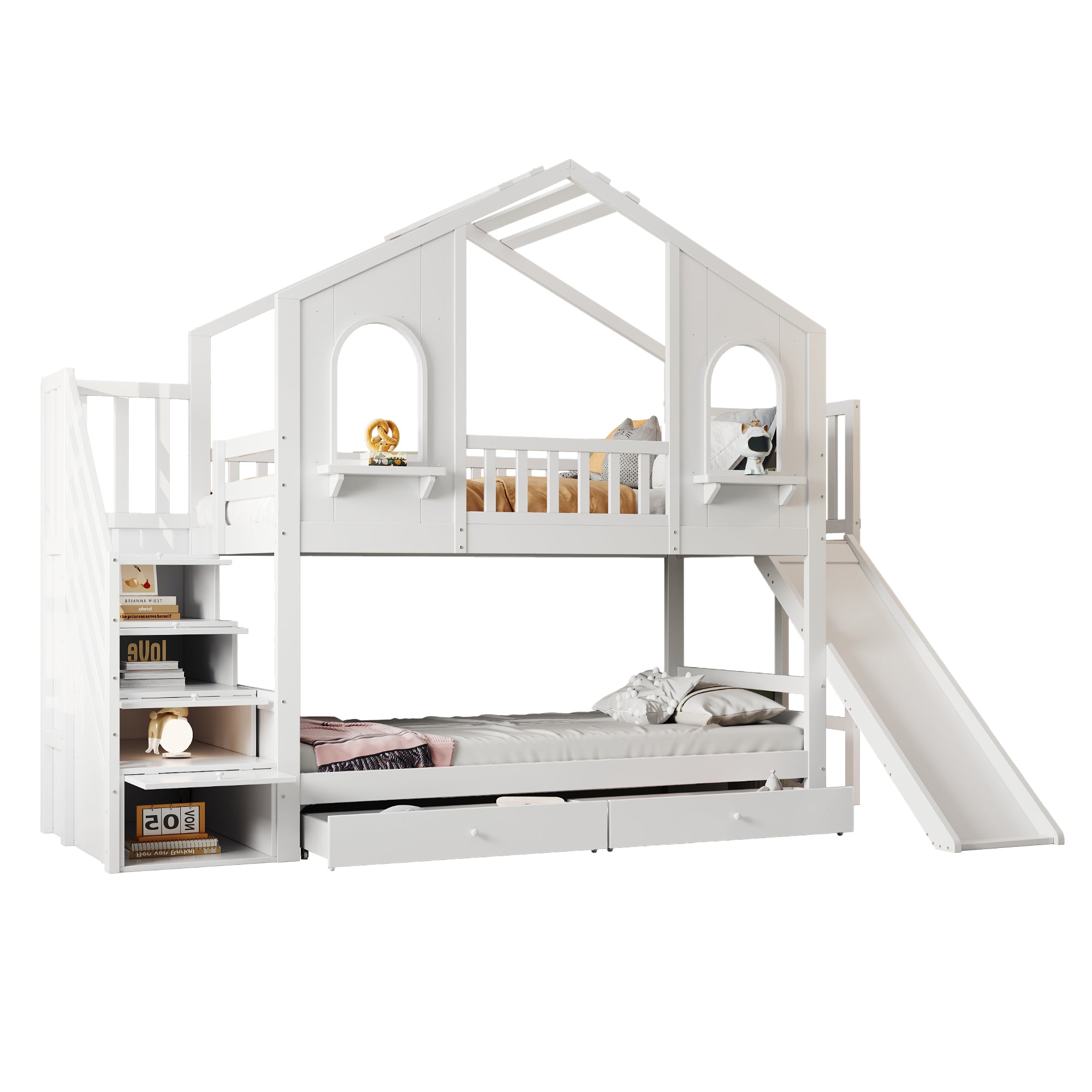 Children's Bunk Bed House-Shaped with Slide & Storage, 90x200cm, White