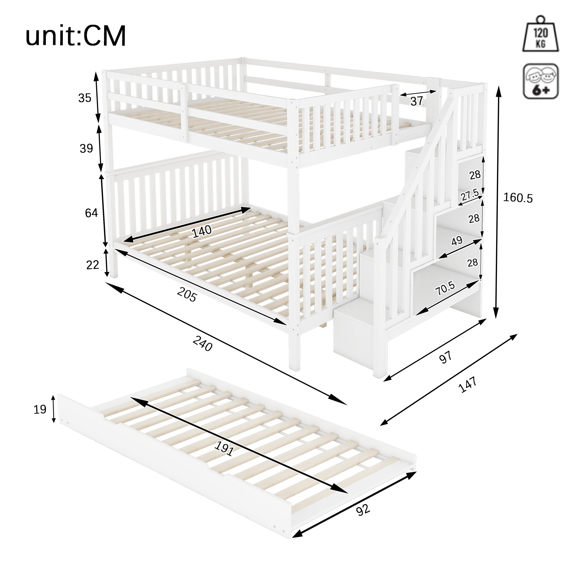 Bunk Bed 140x200cm Stair Shelf Pull-out Trundle - White