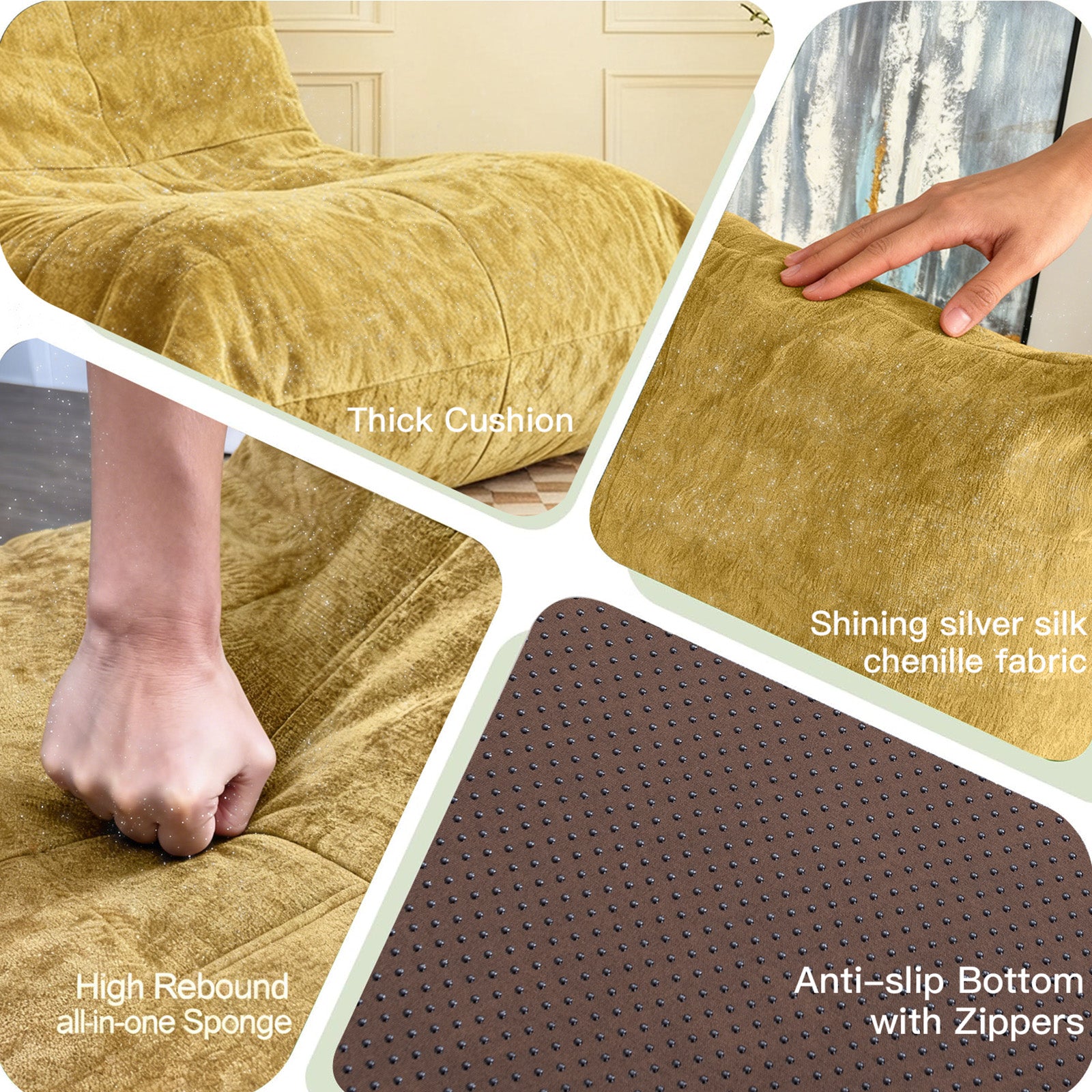 Luxury Silver Thread Chenille Bean Bag Lazy Sofa - Neck Lumbar Hip Support, Stain-Resistant, Non-Slip - Chenille