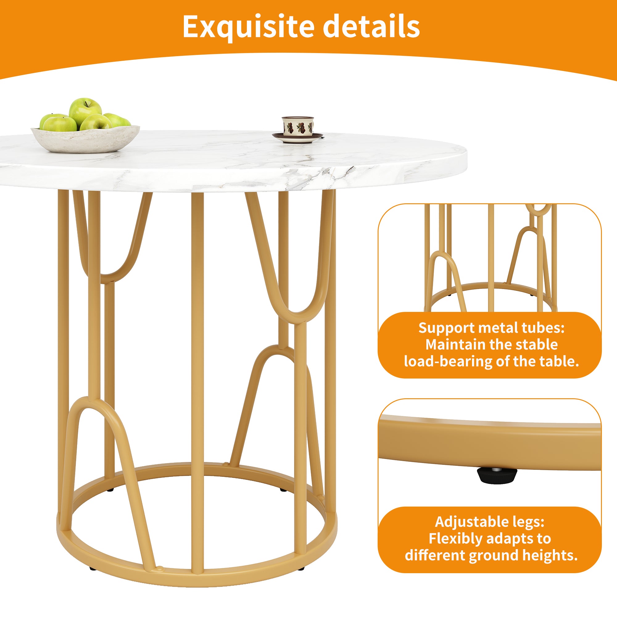 Round Dining Table 80cm 4-6 Seater Marbled MDF Gold Legs