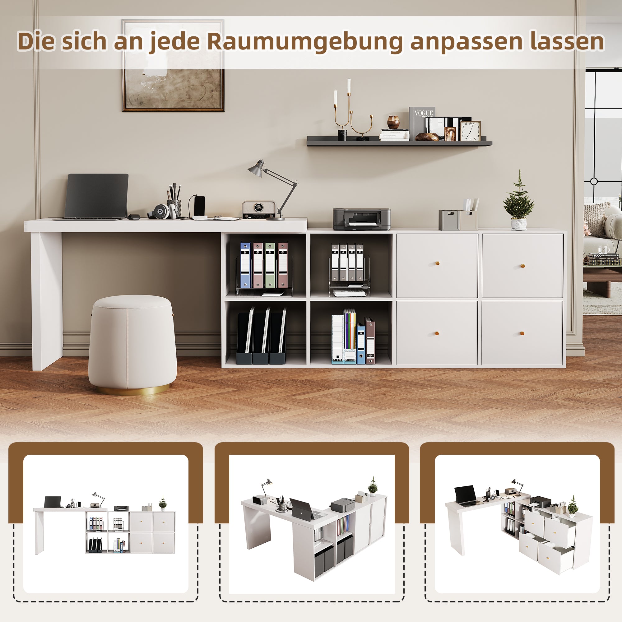 Corner Table 360° Swivel L-Shape/Straight, 4 Compartments 4 Drawers, White MDF